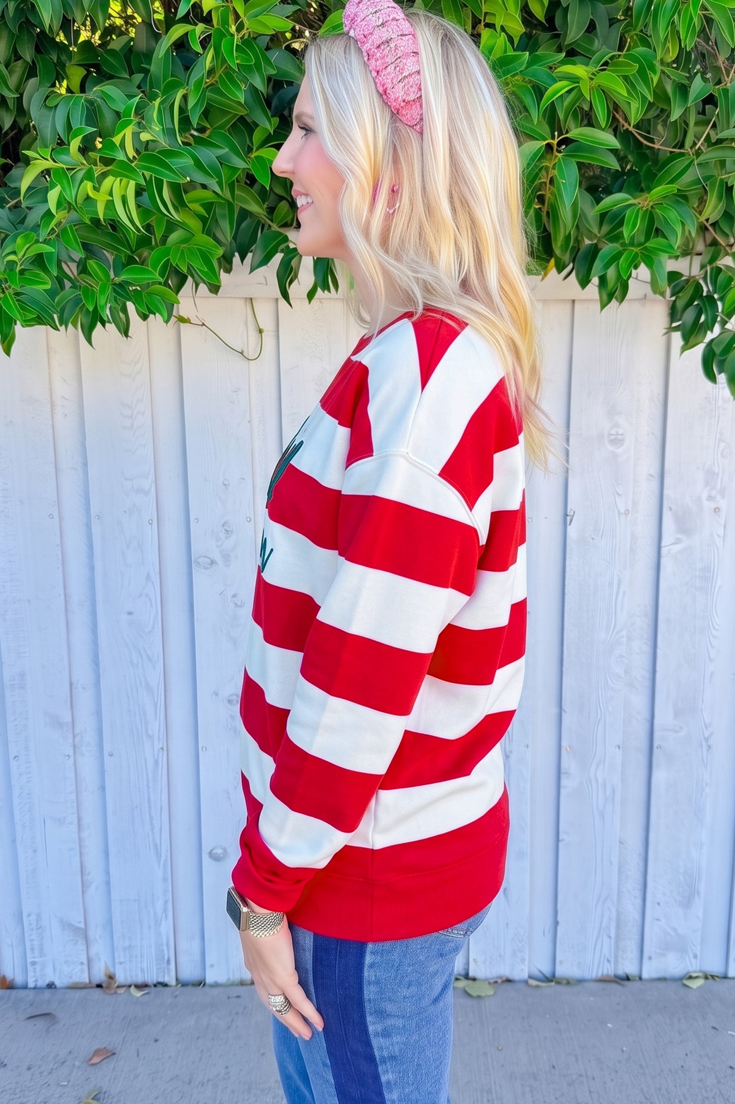 Green Stripe holly jolly Letter Embroidered Pullover Sweatshirt