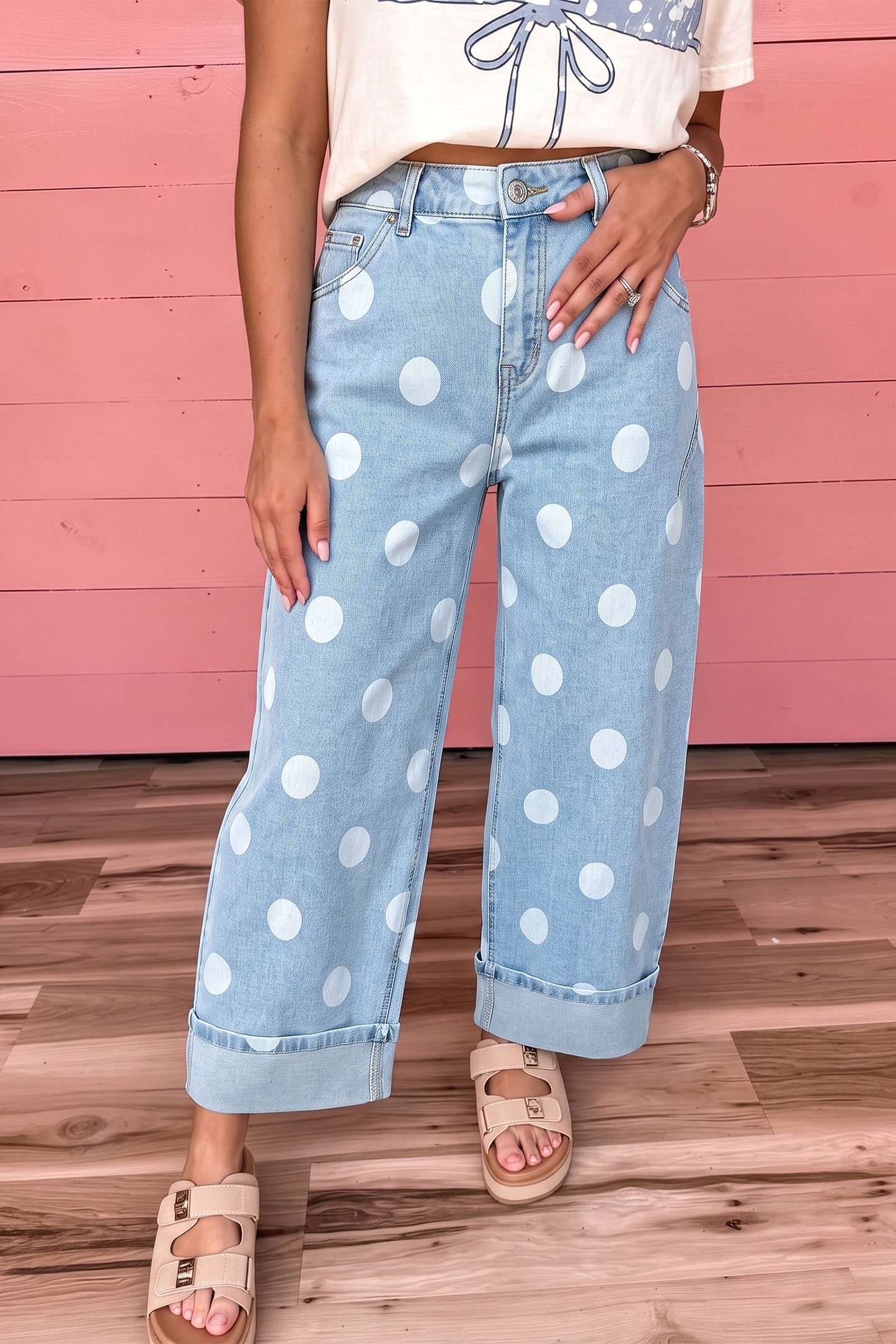 Brown Polka Dot Ankle-Length Metal Button Casual Jeans