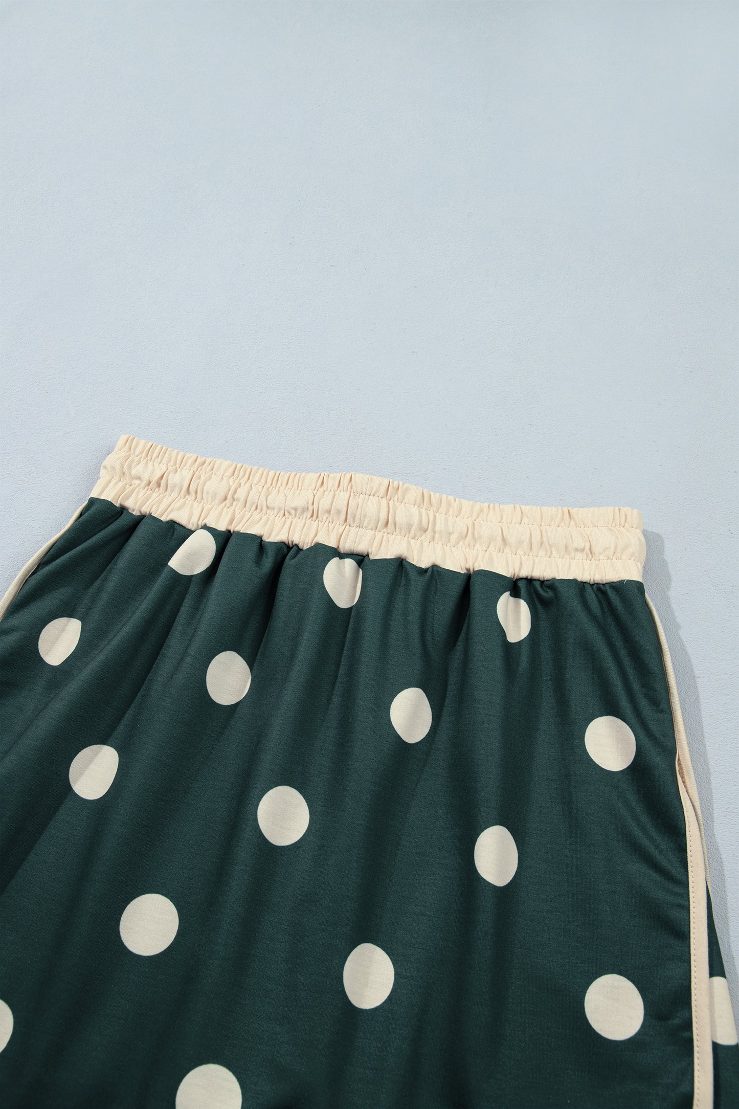 Green Polka Dot Print Color Block Trim Baggy Pullover Drawstring Skirt 2pcs Set