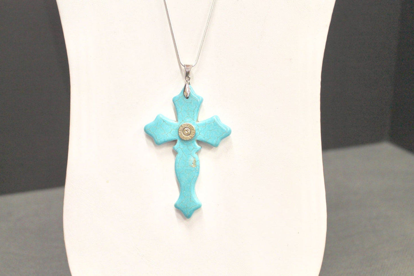 Turquoise Cross Pendant With 9mm Bullet Head on Silver Chain, Southwestern Style, Bullet Jewelry Gift For Her, Girlfriend Gift