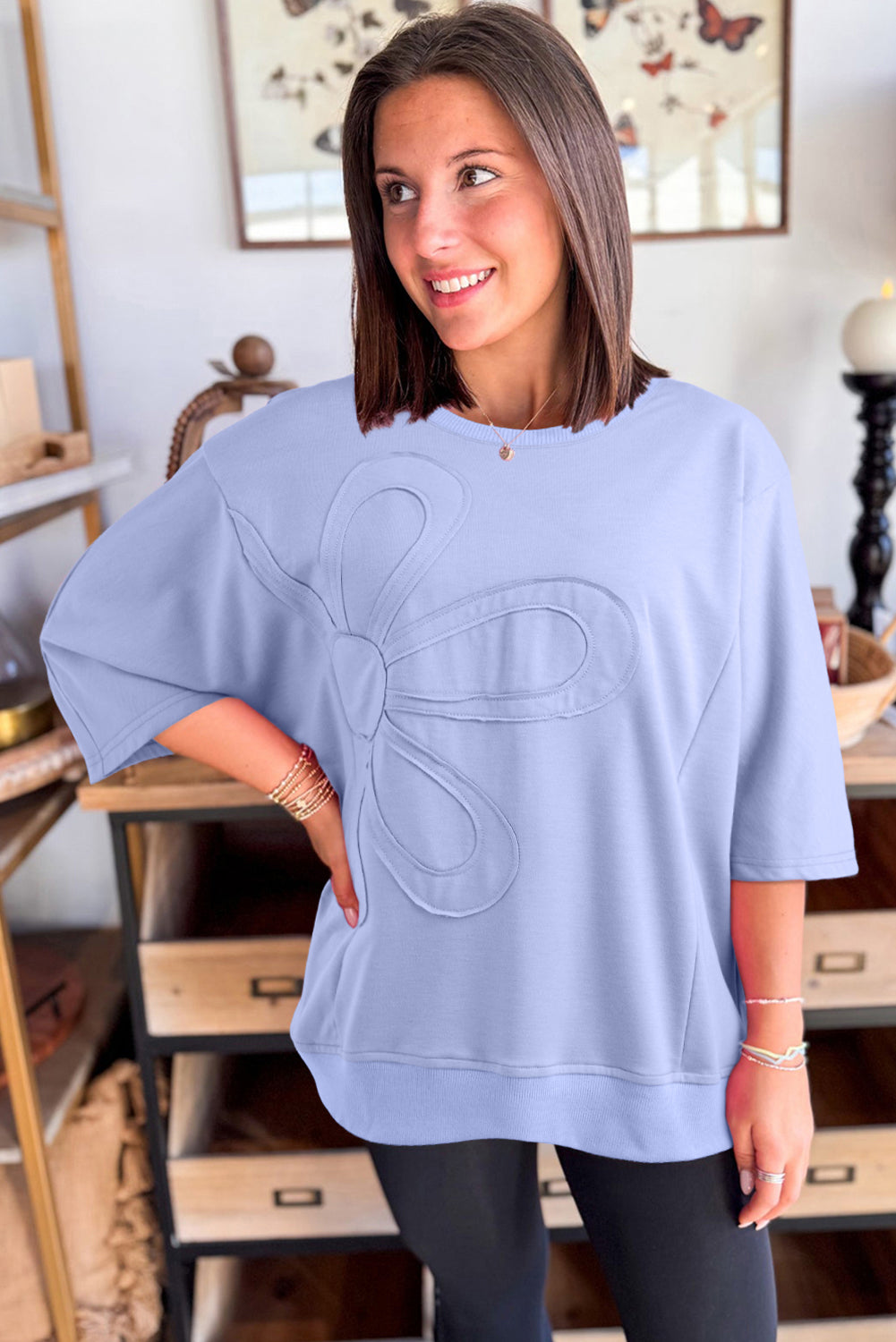Sachet Pink Floral Patched Half Sleeve Tunic Top