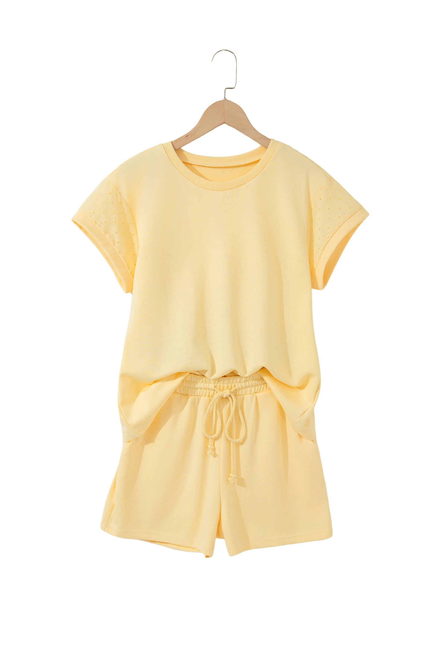 Yellow  Eyelet Lace Patchwork Sleeve Short 2pcs Outfit