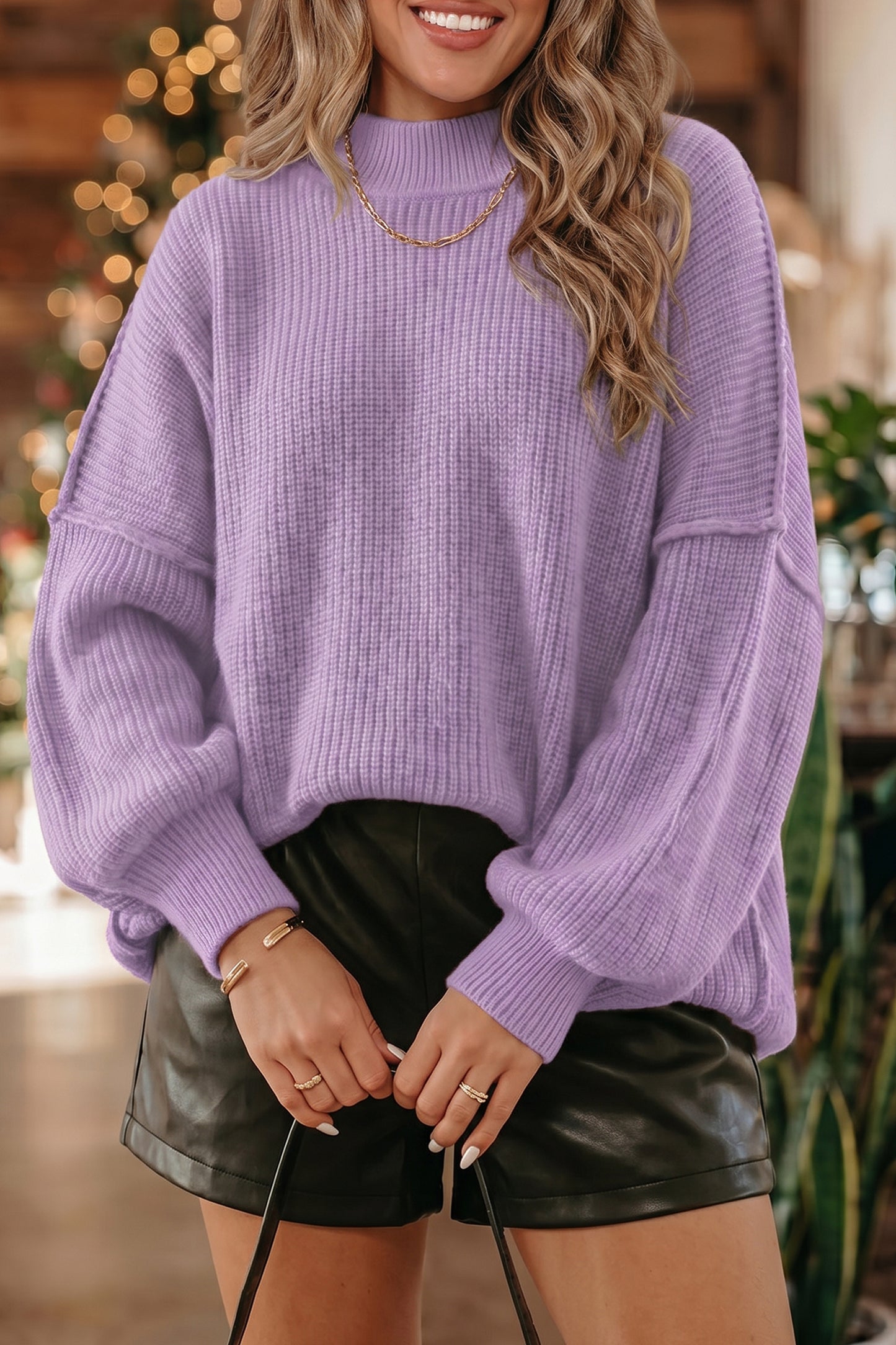 Orchid Bouquet Long Sleeve Ribbed Knit Stand Neck Regular Fit Pullover Sweater