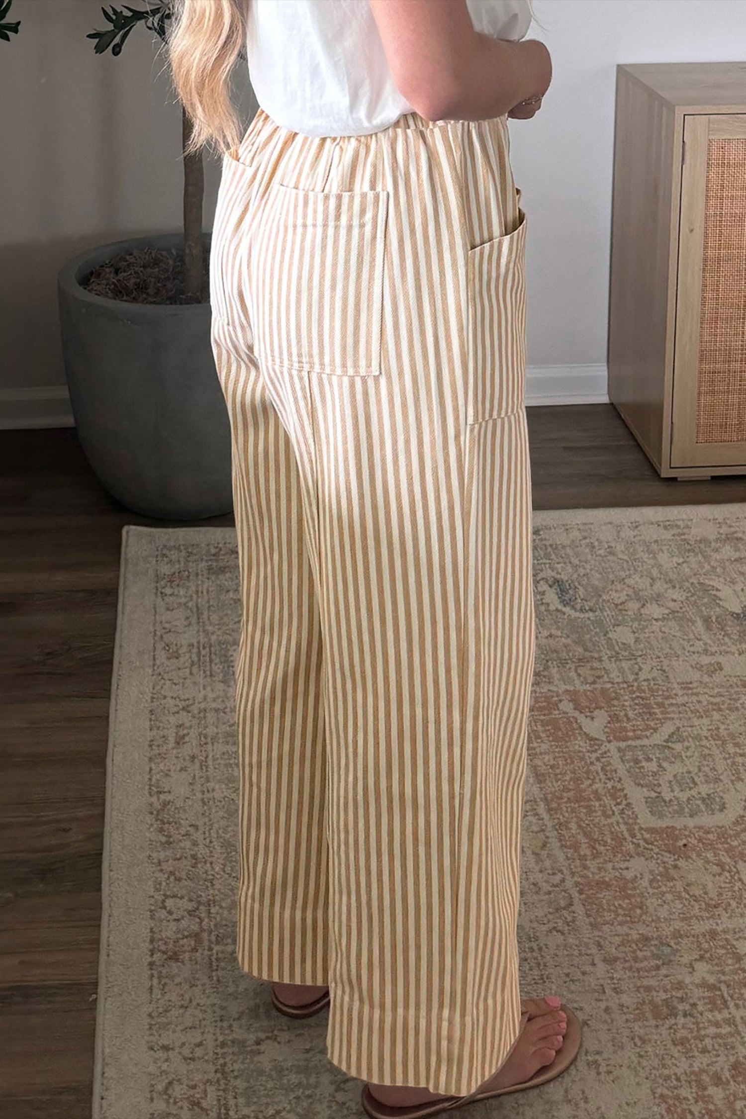 Apricot Stripe Ribbon Drawstring Waist Full-Length Shift Pant