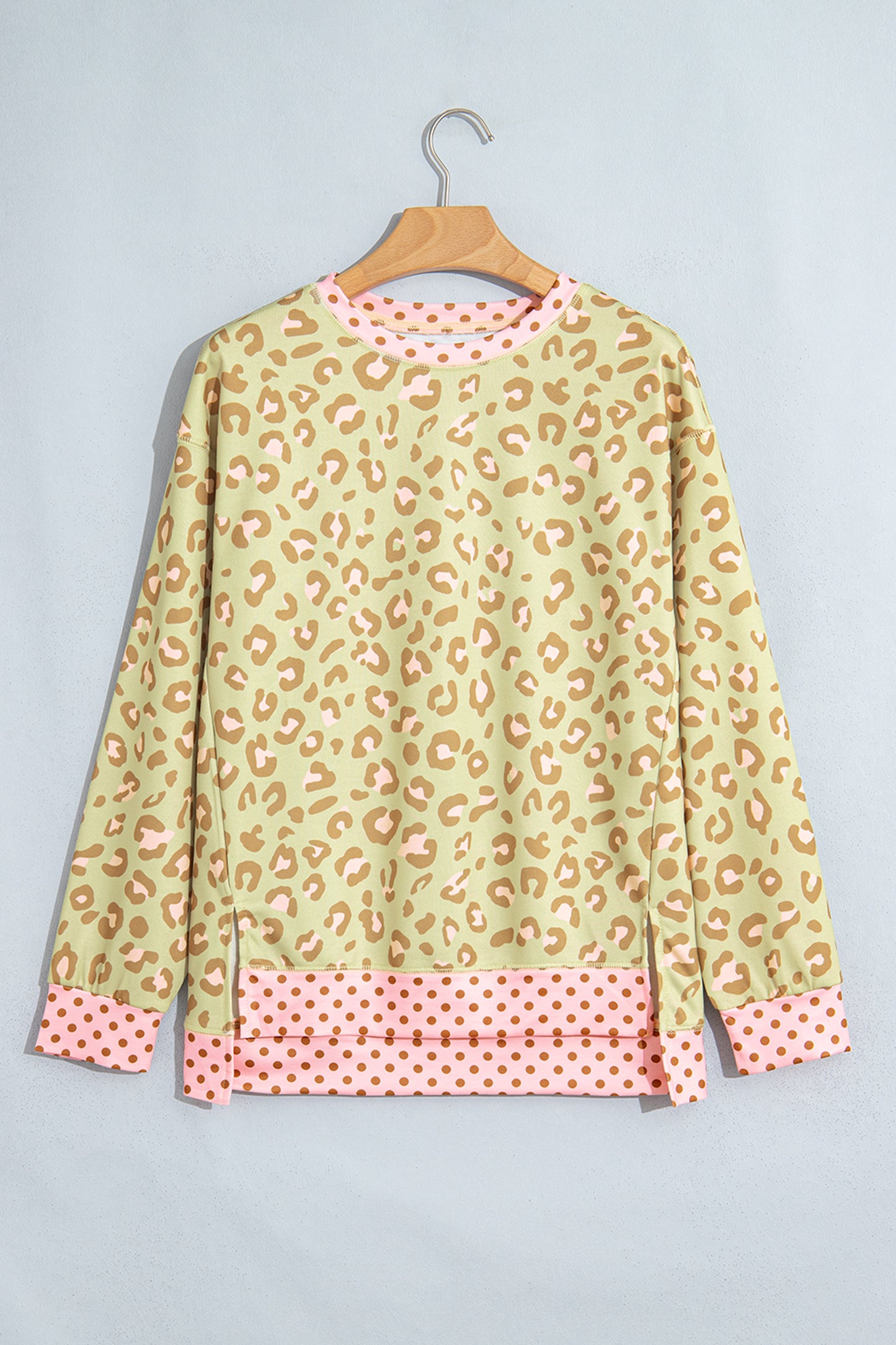 Pink Leopard Polka Dot Colorblock Trim Long Sleeve Top