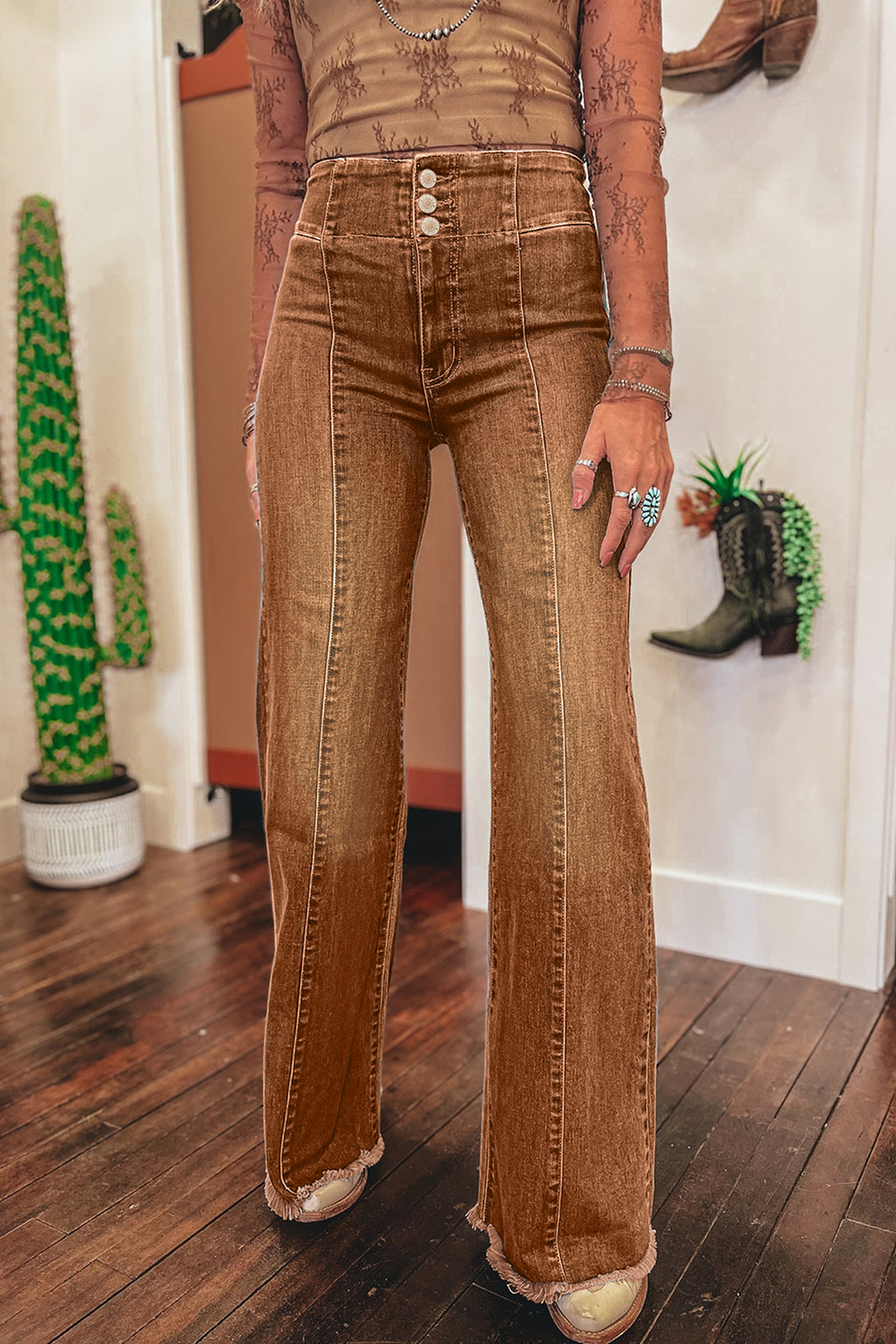 Coffee High Waist Button Fly Seamed Raw Hem Flare Jeans