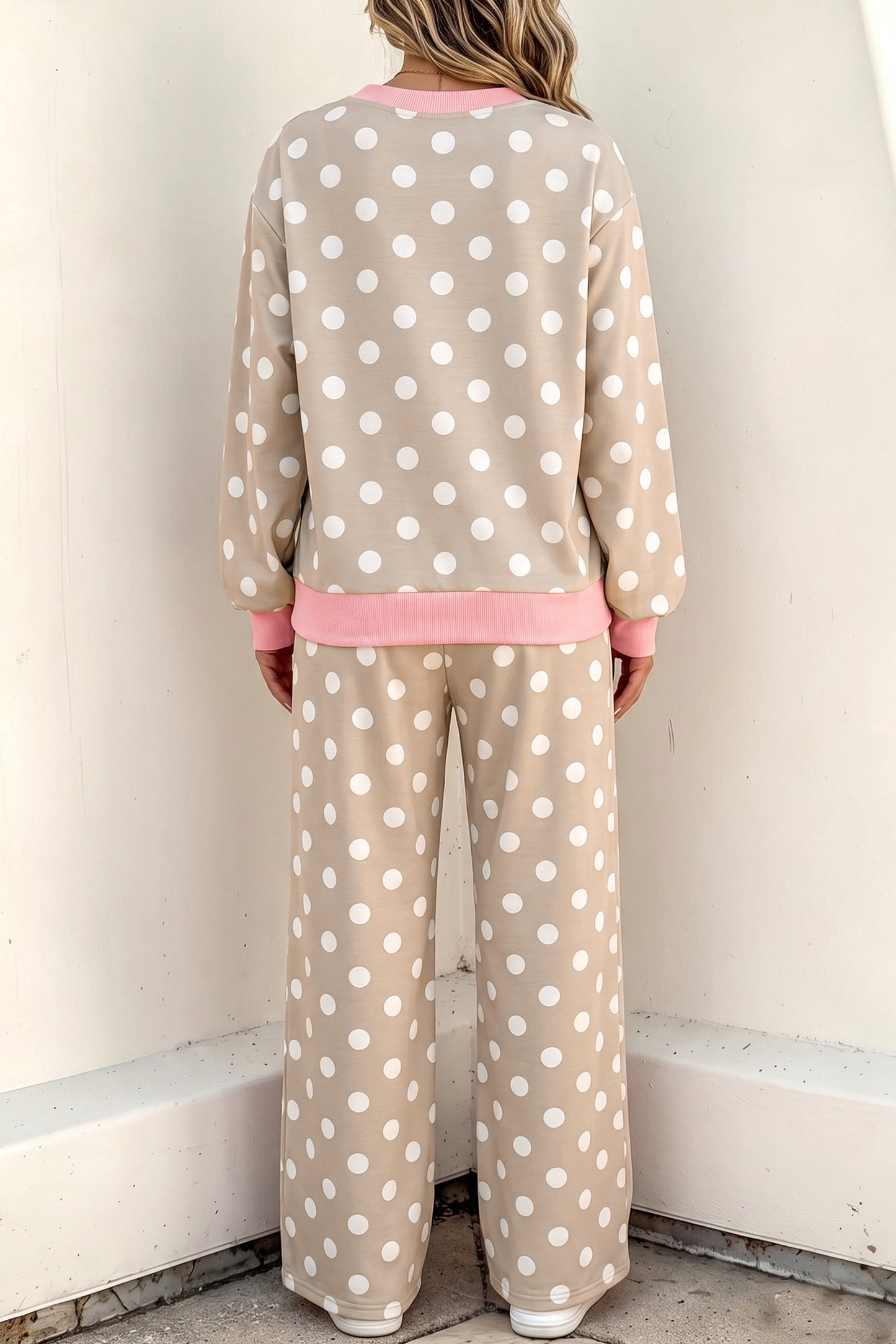 Pink Polka Dot Contrast Trim Long Sleeve Top Drawstring Shift Pants Set