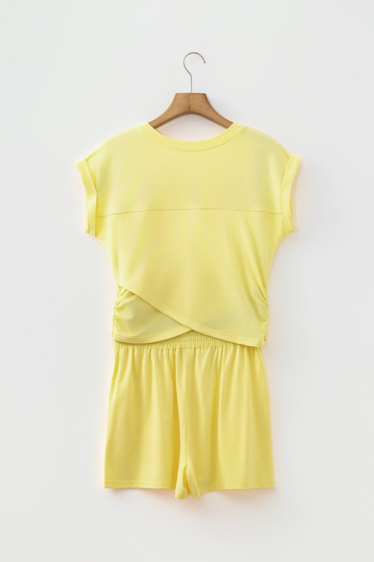 Mist Blue Solid Short Sleeve Elastic Waist Pocket Casual Two Piece Short Set