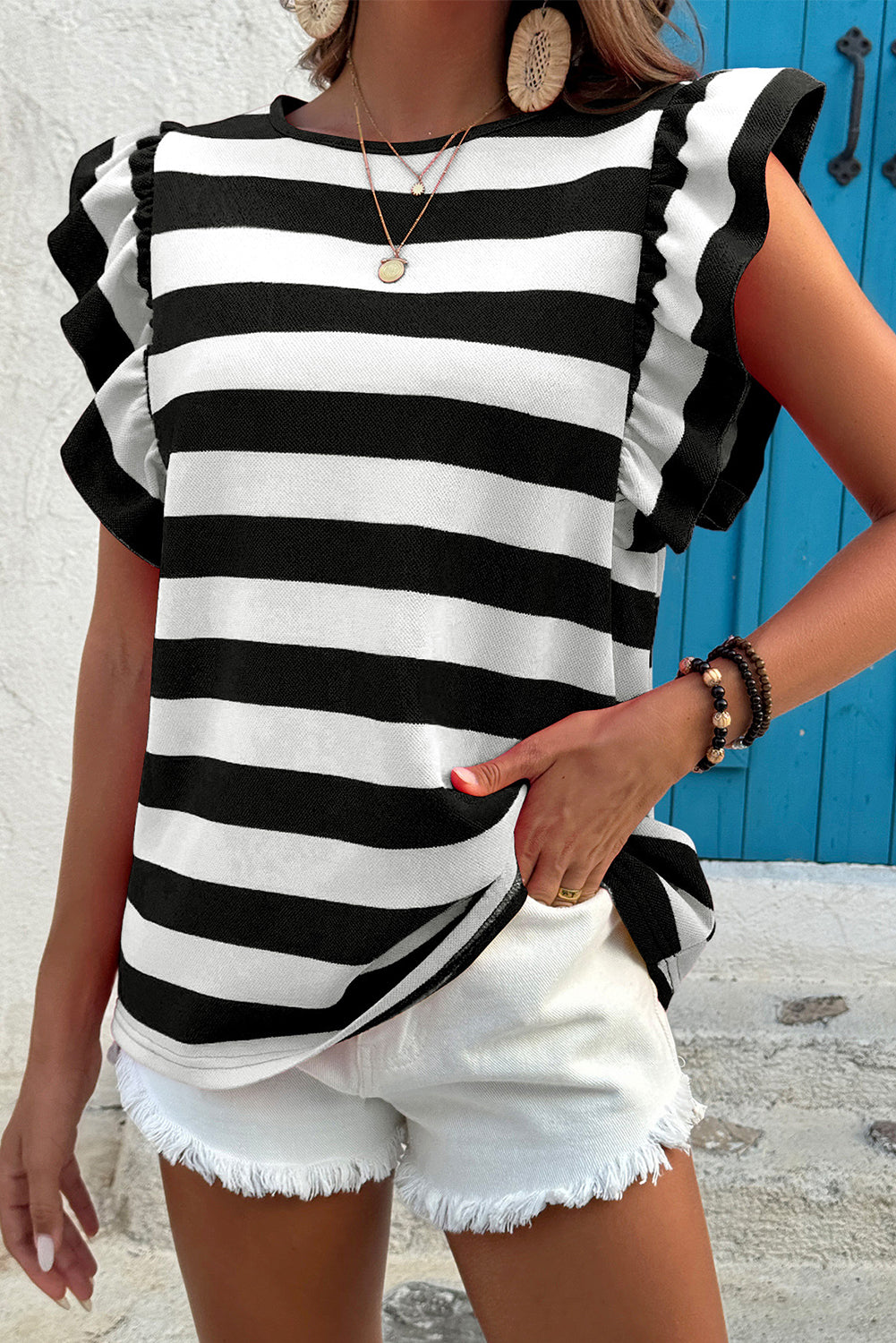Red Stripe Flutter Sleeve Round Neck T Shirt