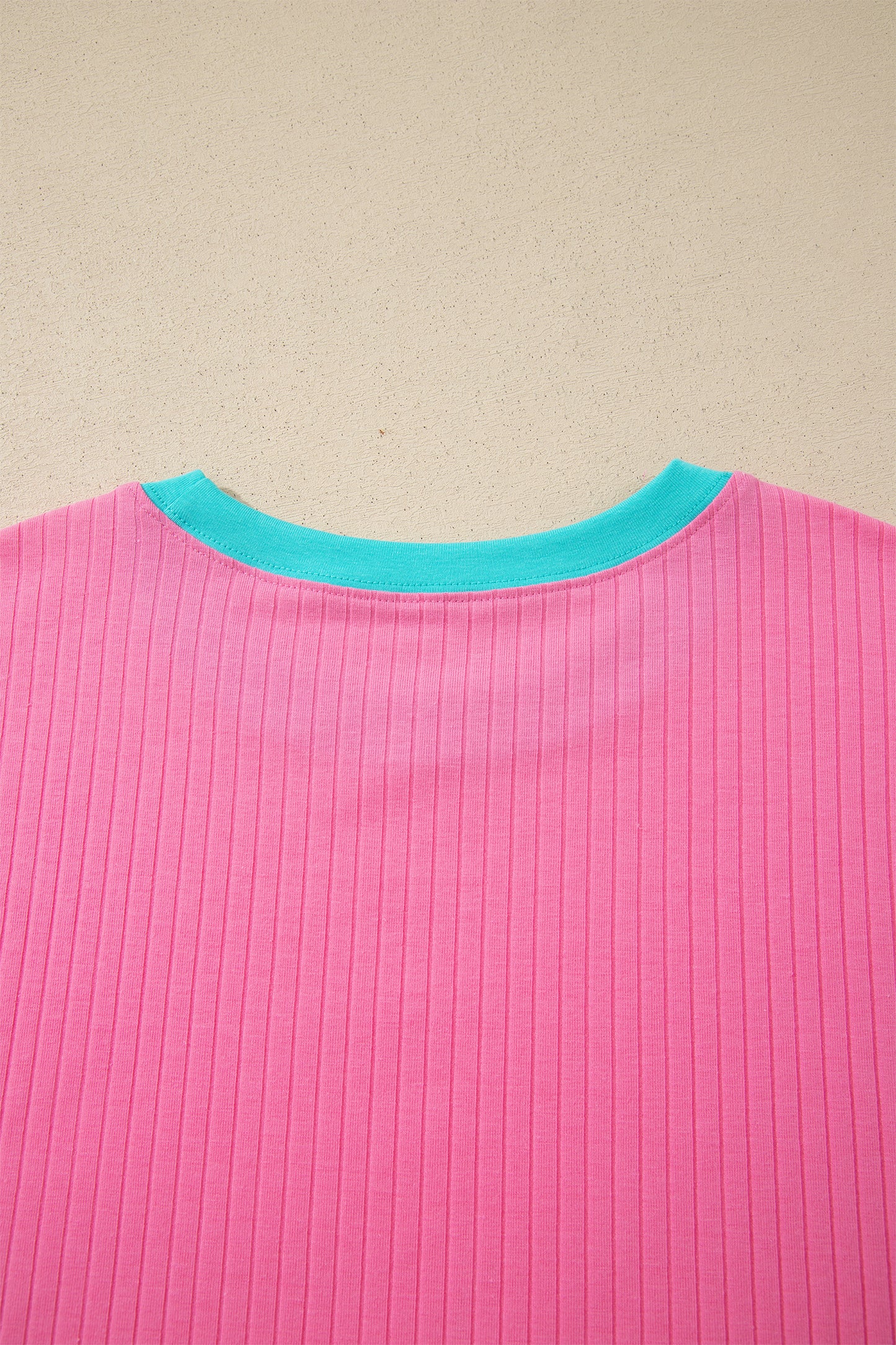 Sachet Pink Soft Ribbed Color Block Trim Casual Short Set