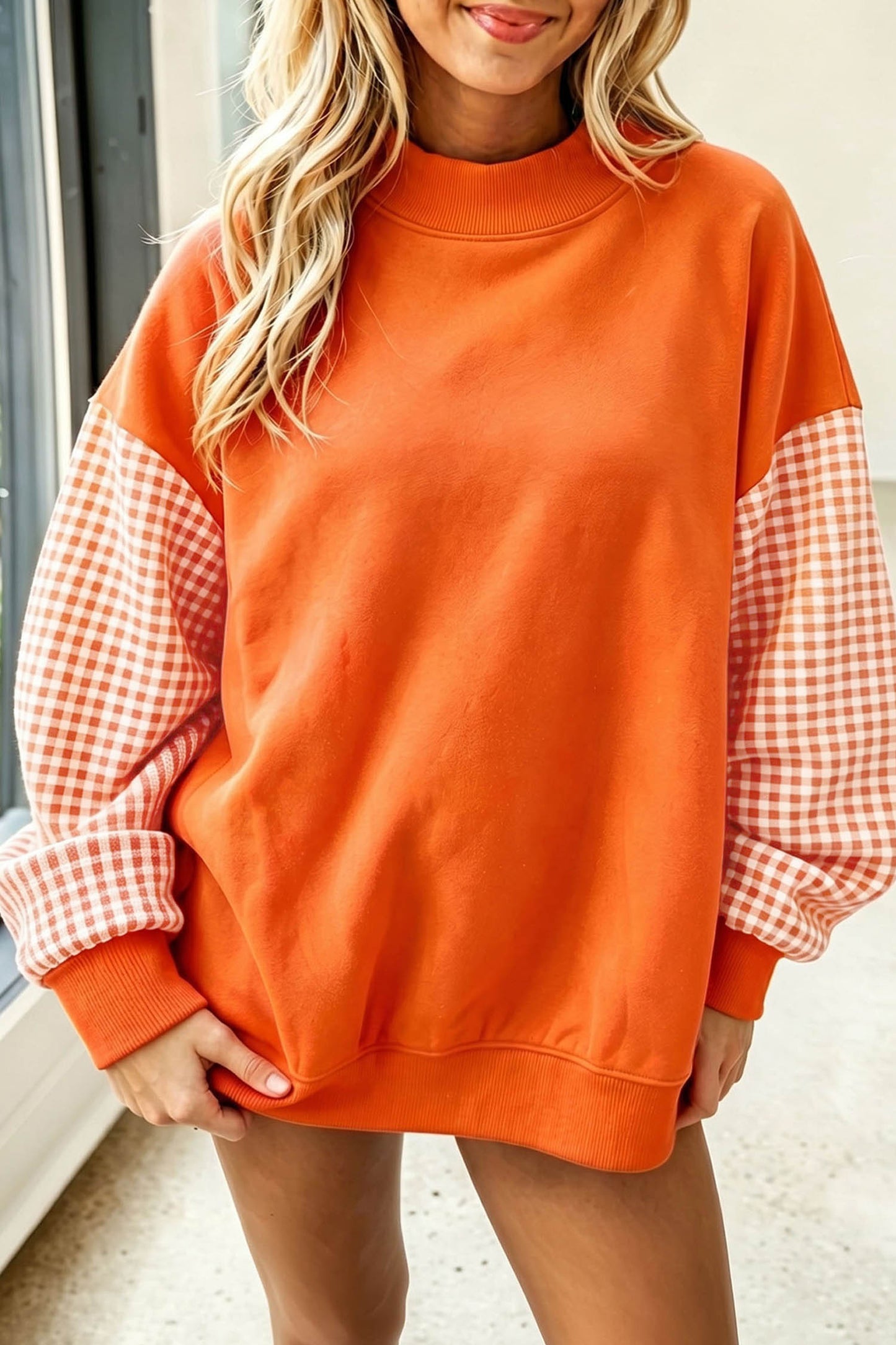 Black Plaid Sleeve Colorblock Loose Tunic Sweatshirt