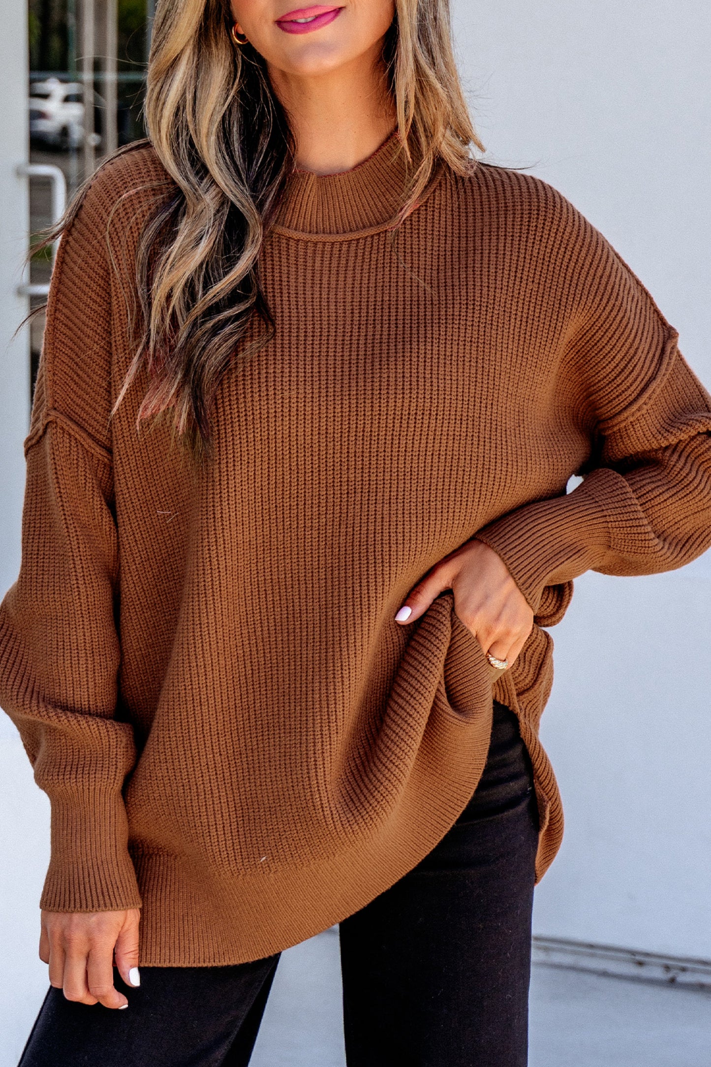 Orchid Bouquet Long Sleeve Ribbed Knit Stand Neck Regular Fit Pullover Sweater