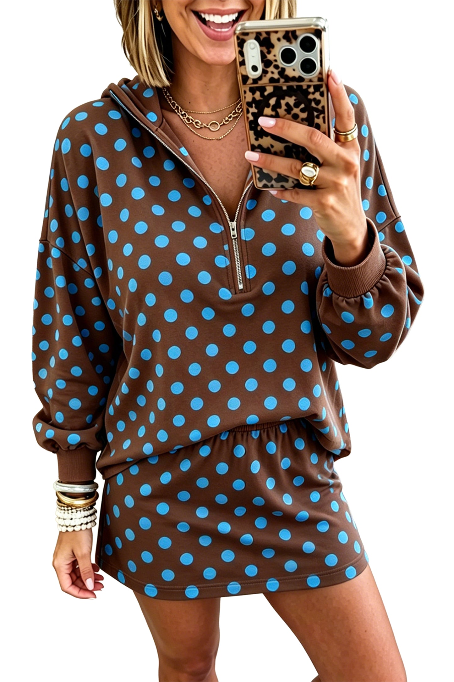 Orange Polka Dot Hooded Long Sleeve Top Casual Mini Skort Set