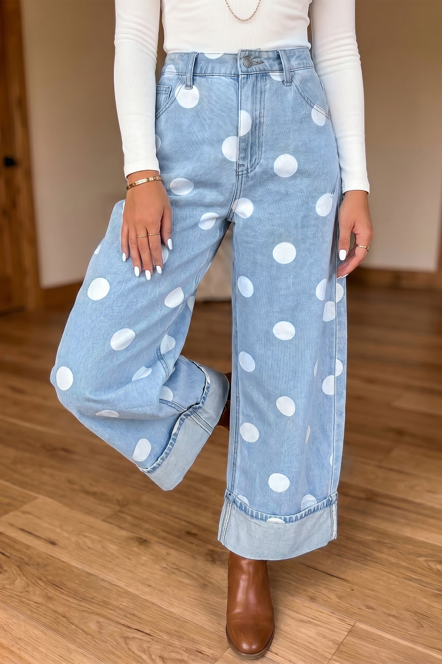 Brown Polka Dot Ankle-Length Metal Button Casual Jeans