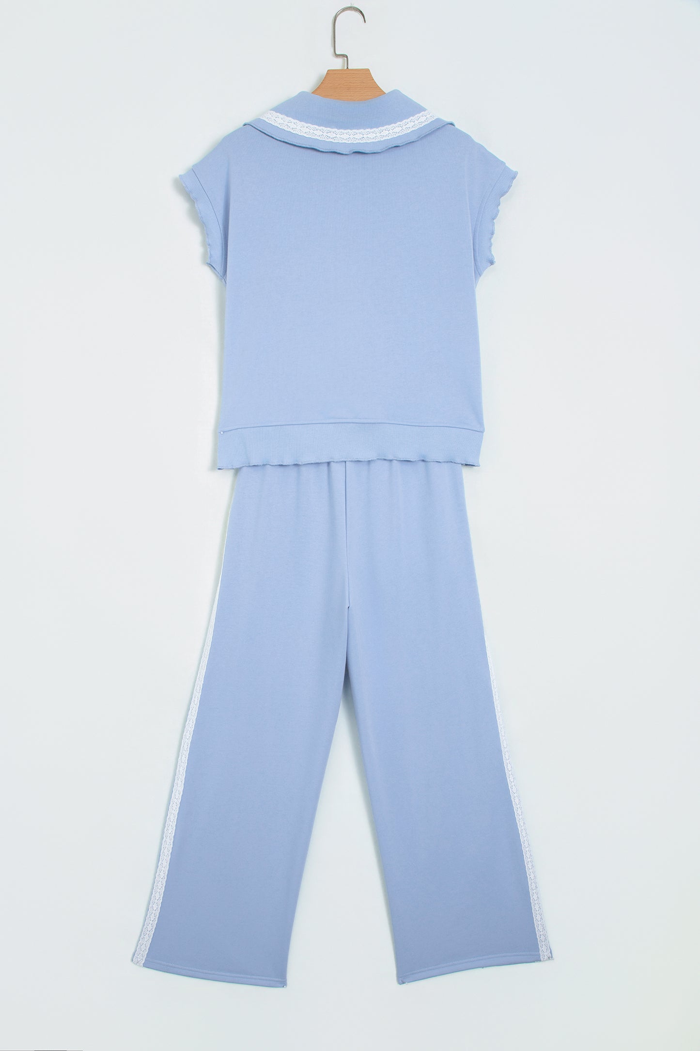 Sky Blue Lace Accent Zipped Collar Short Sleeve Top Sweatpants Set