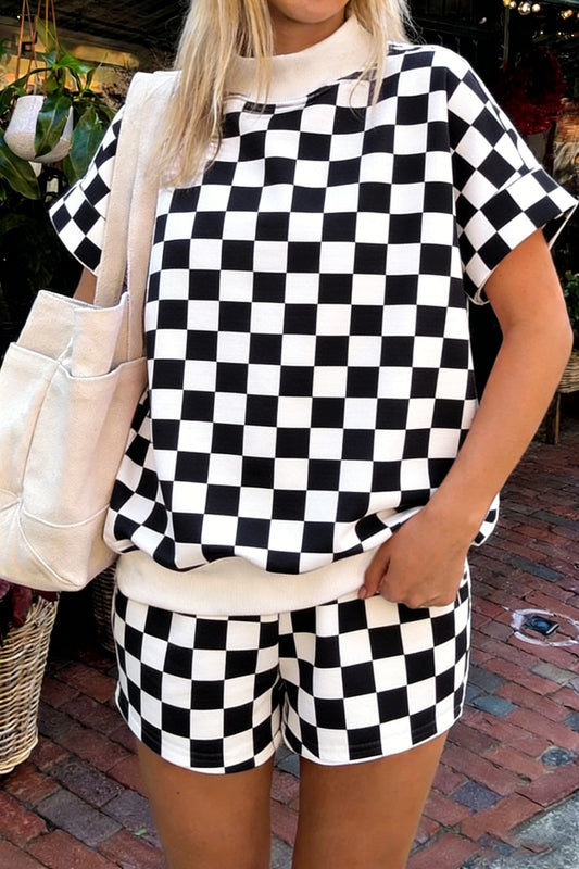 Black Checkered Print Color Block Trim Mock Neck Short Set