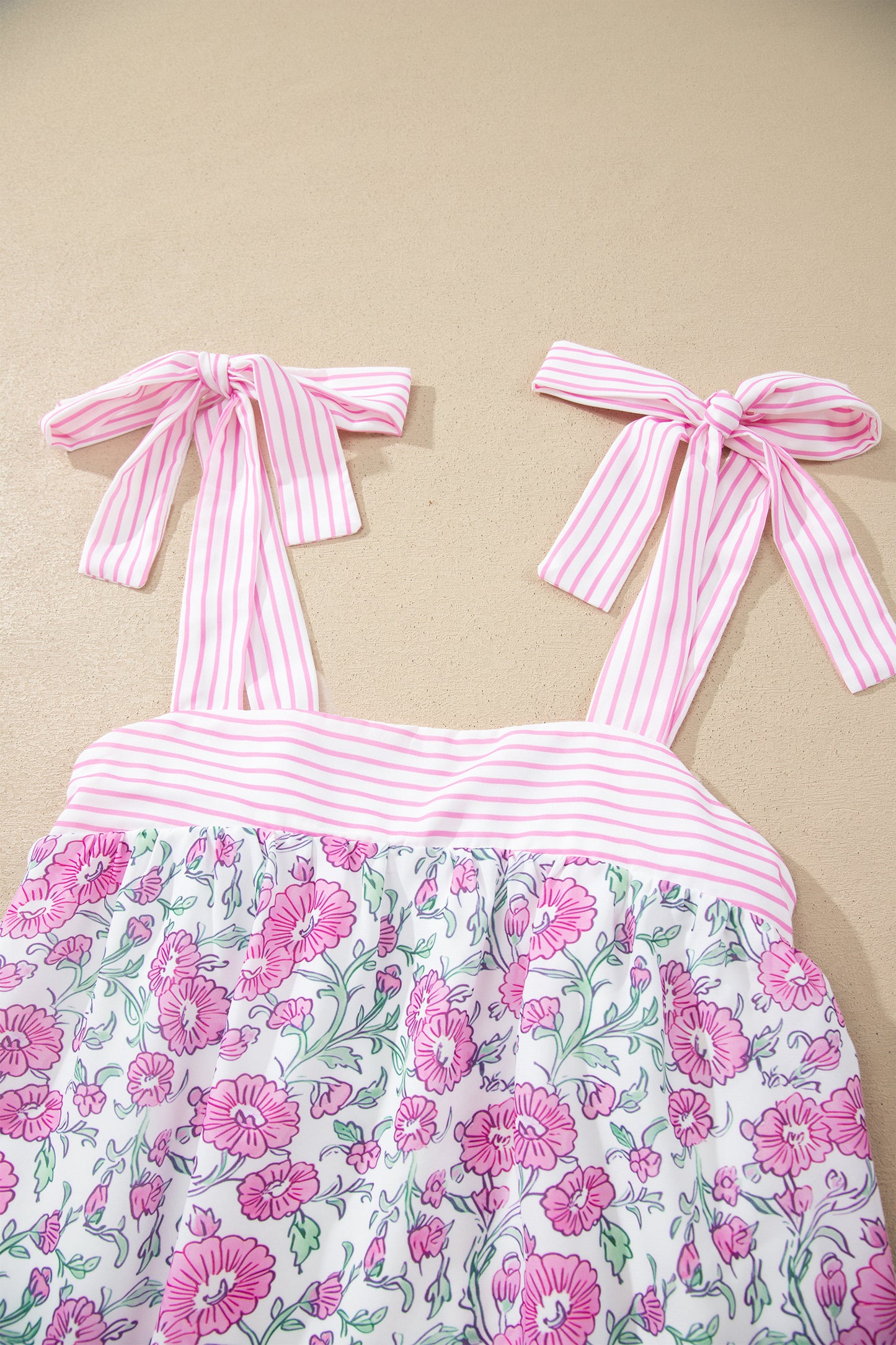 Sky Blue Floral Print Striped Patchwork Bow Knot Straps Mini Dress