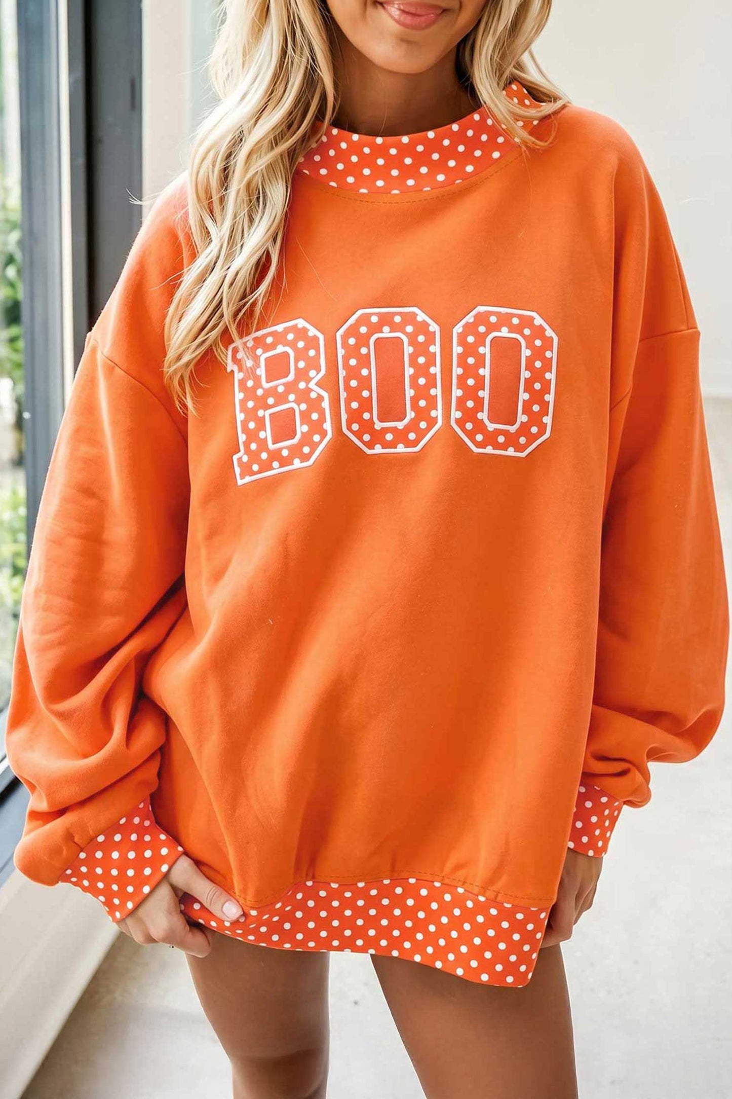 Tomato Red Polka Dot Letter Print Contrast Trim Mock Neck Sweatshirt