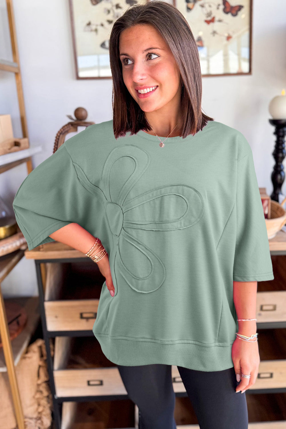 Sachet Pink Floral Patched Half Sleeve Tunic Top