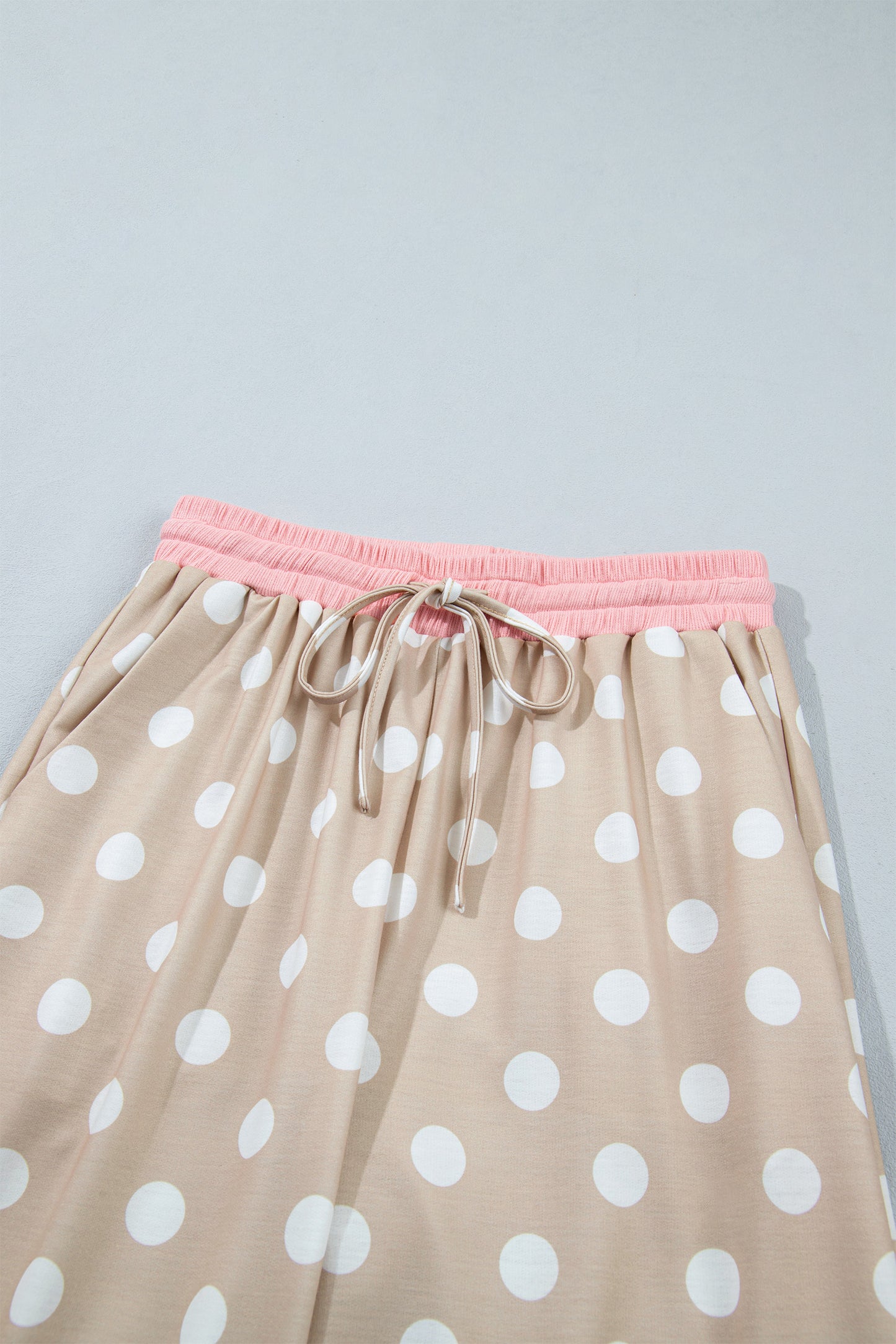 Pink Polka Dot Contrast Trim Long Sleeve Top Drawstring Shift Pants Set