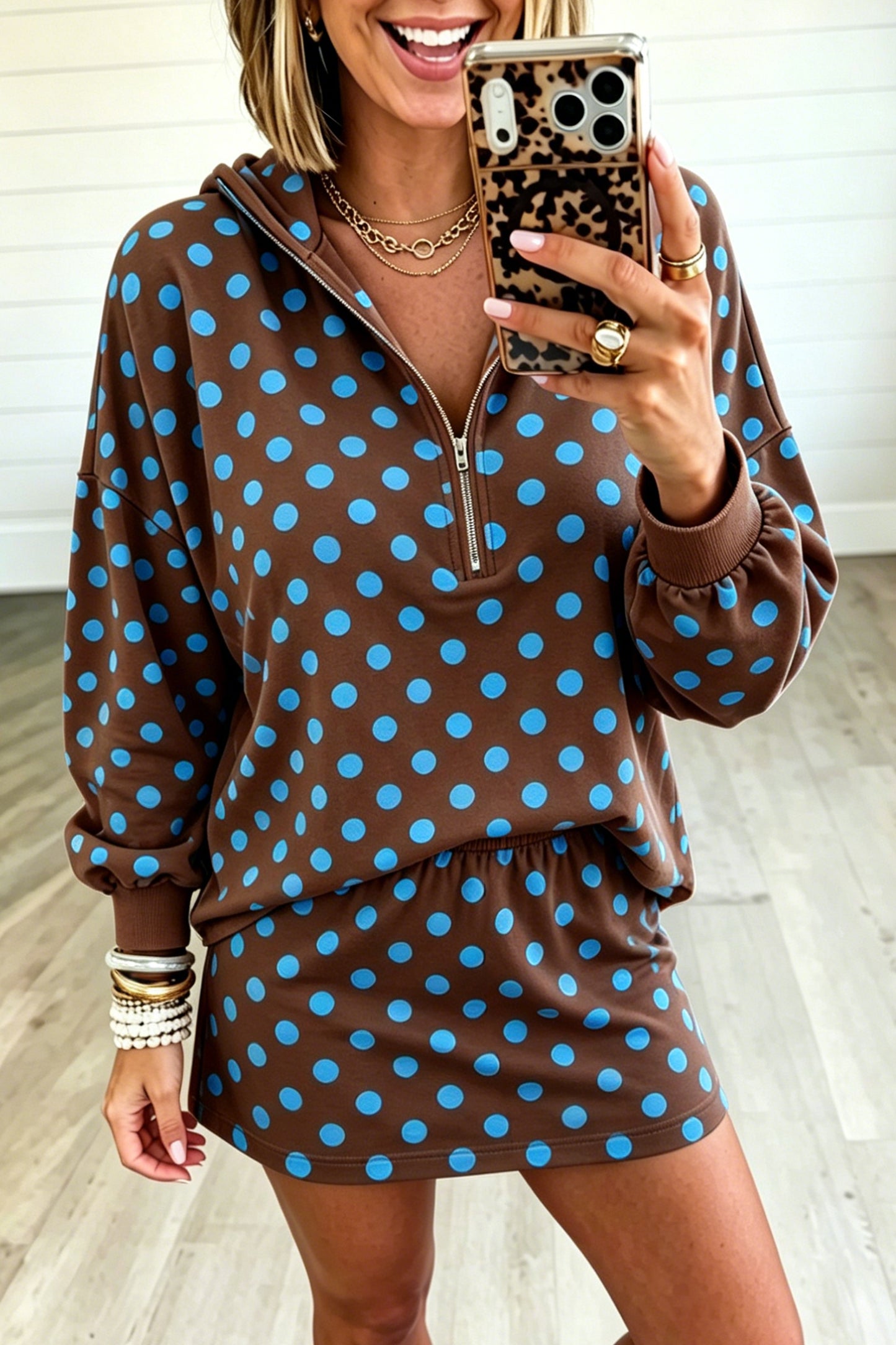 Orange Polka Dot Hooded Long Sleeve Top Casual Mini Skort Set