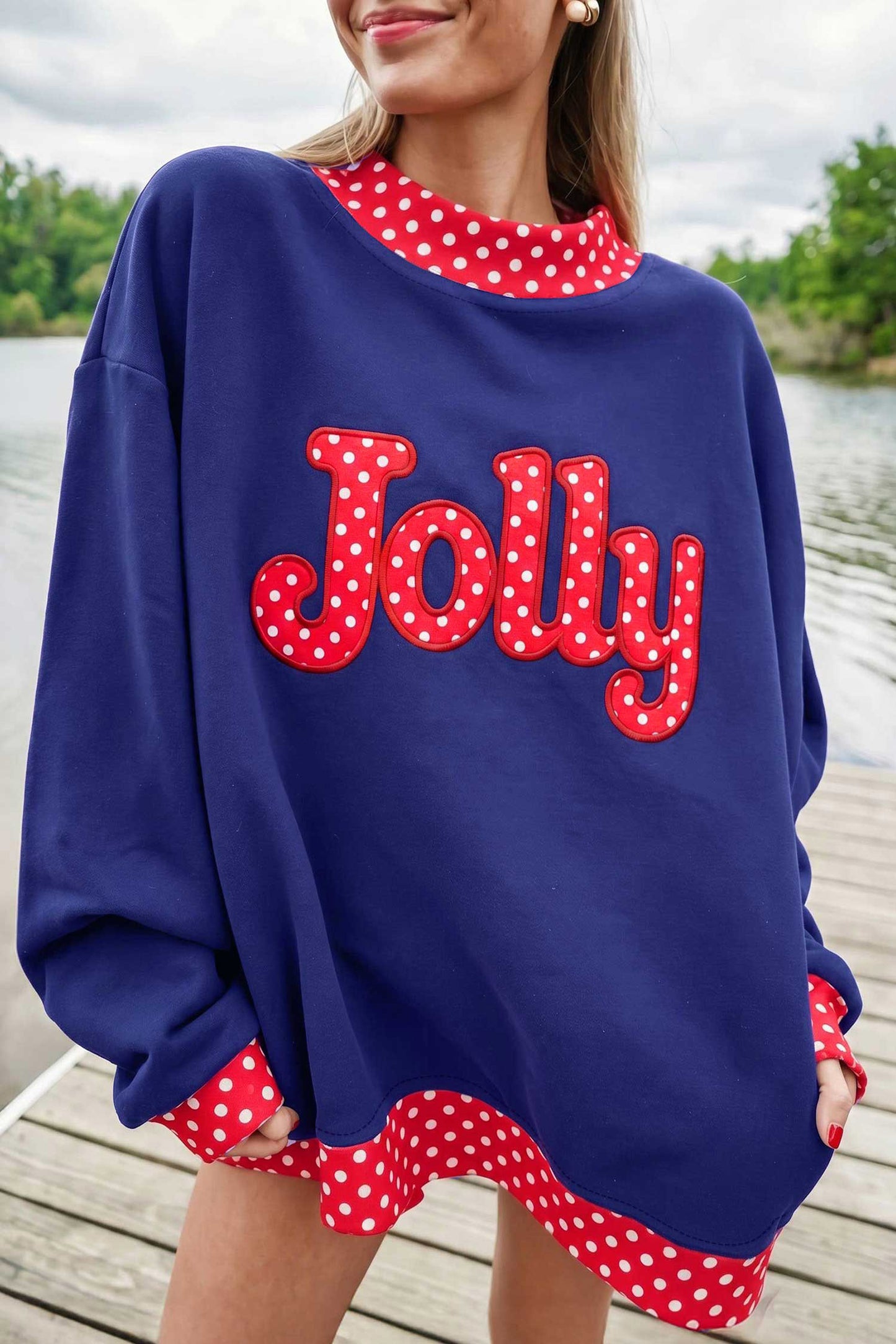 Tomato Red Polka Dot Letter Print Contrast Trim Mock Neck Sweatshirt