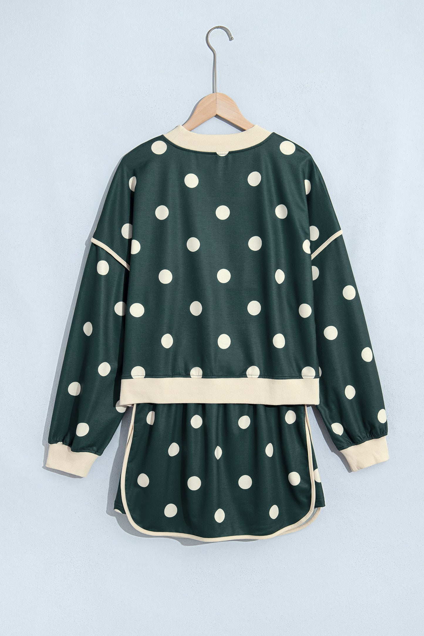 Green Polka Dot Print Color Block Trim Baggy Pullover Drawstring Skirt 2pcs Set