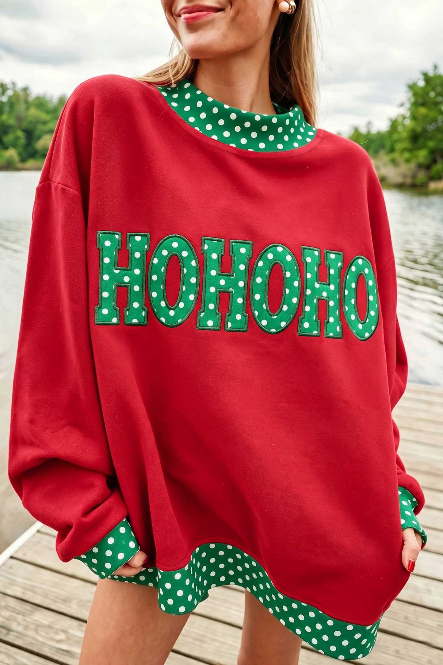 Tomato Red Polka Dot Letter Print Contrast Trim Mock Neck Sweatshirt