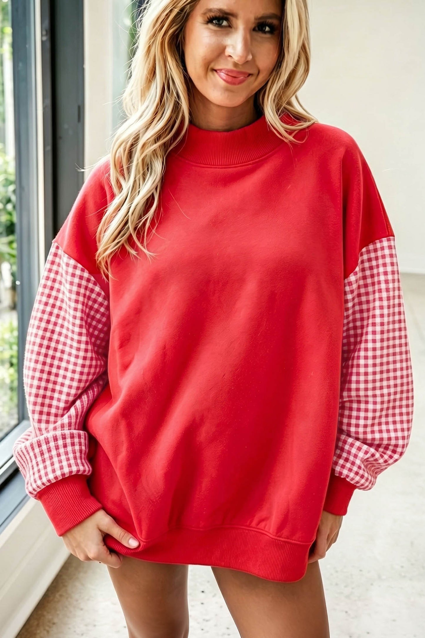 Black Plaid Sleeve Colorblock Loose Tunic Sweatshirt