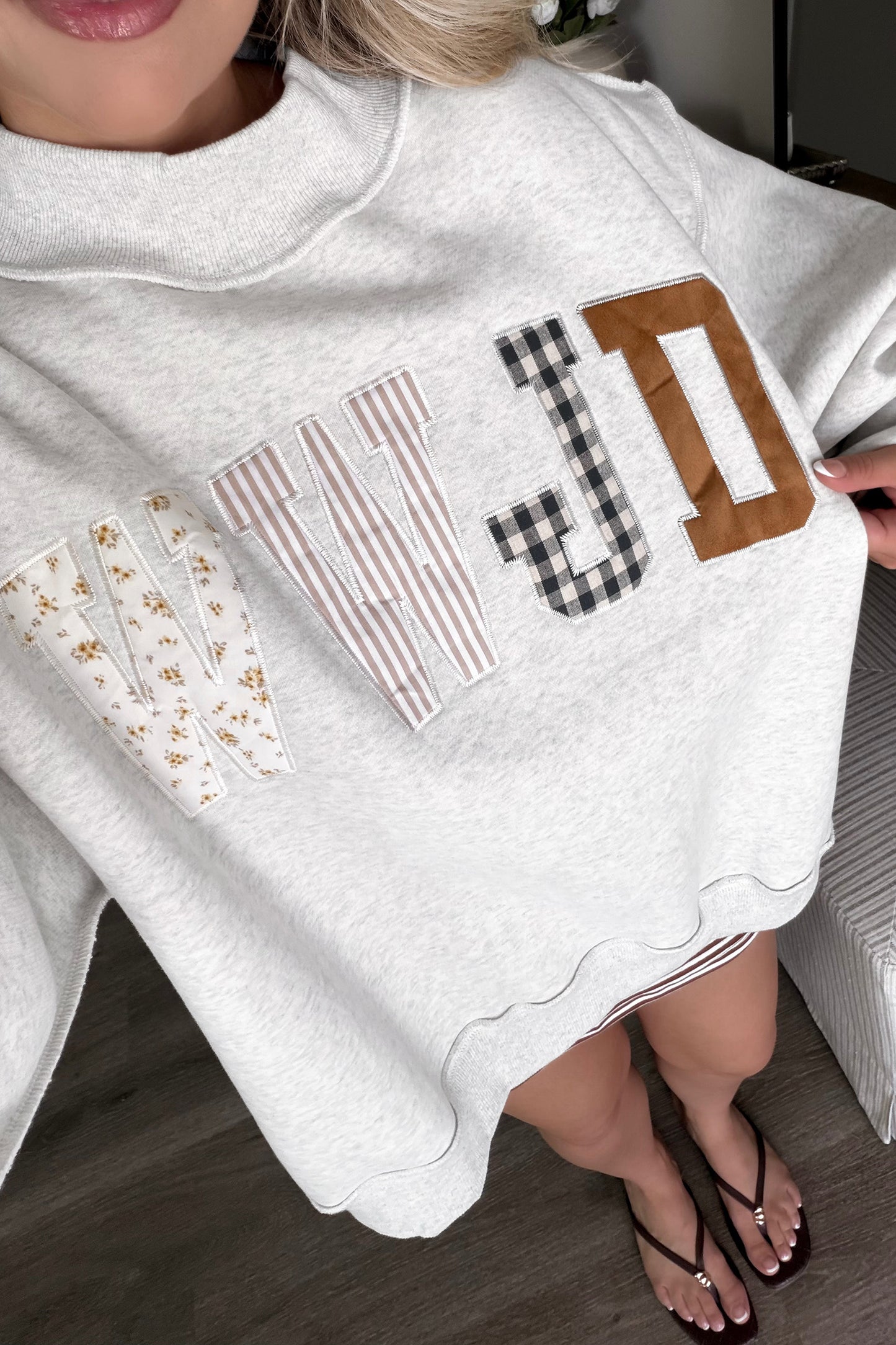 Bonbon WWJD Mixed Pattern Embroidered Patch Graphic Mock Neck Sweatshirt