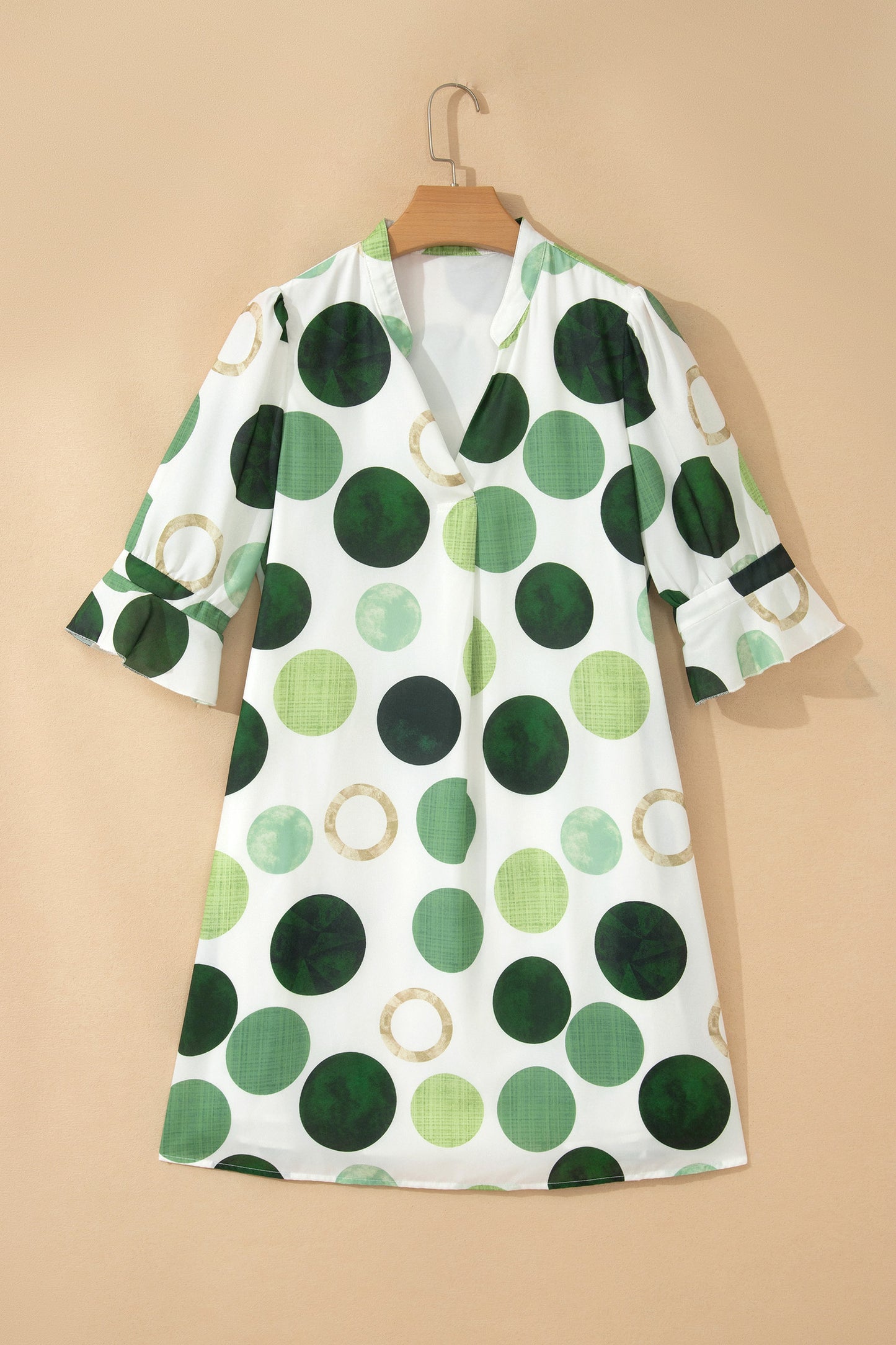 Green Polka Dot Print Flounced Half Sleeve Casual Vacation Style Mini Dress