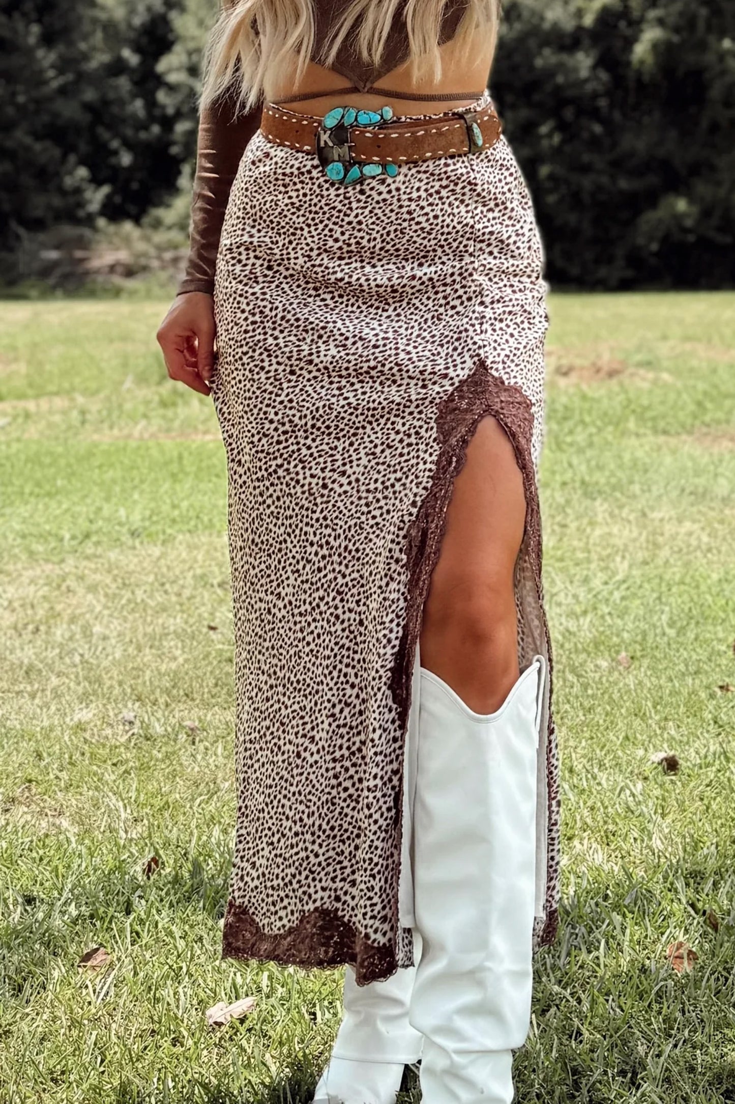 Khaki Cheetah Print Trim Split Long Western Skirt