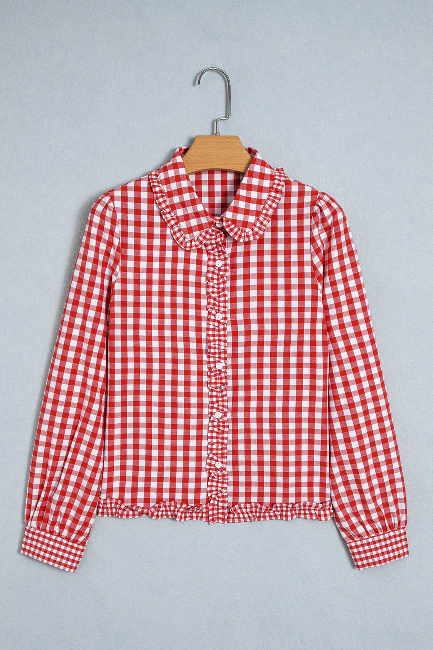 Red Plaid Long Sleeve Button Down Frill Detail Casual Shirt