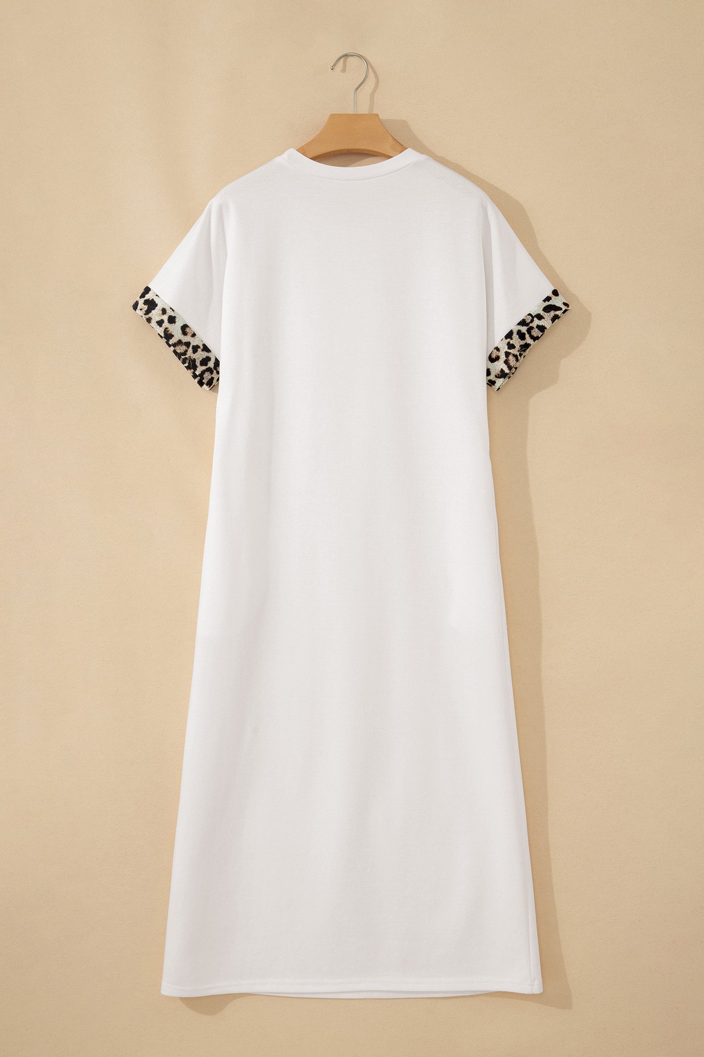 White Contrast Leopard Bow Patched Short Sleeve T Shirt Long Dress