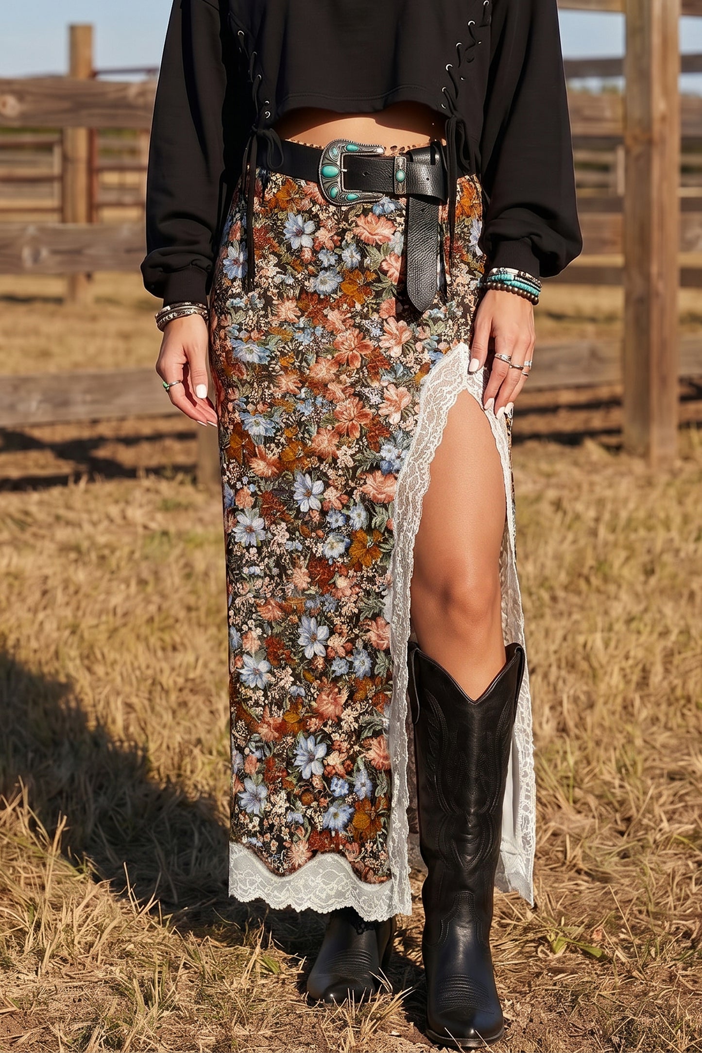 Khaki Cheetah Print Trim Split Long Western Skirt