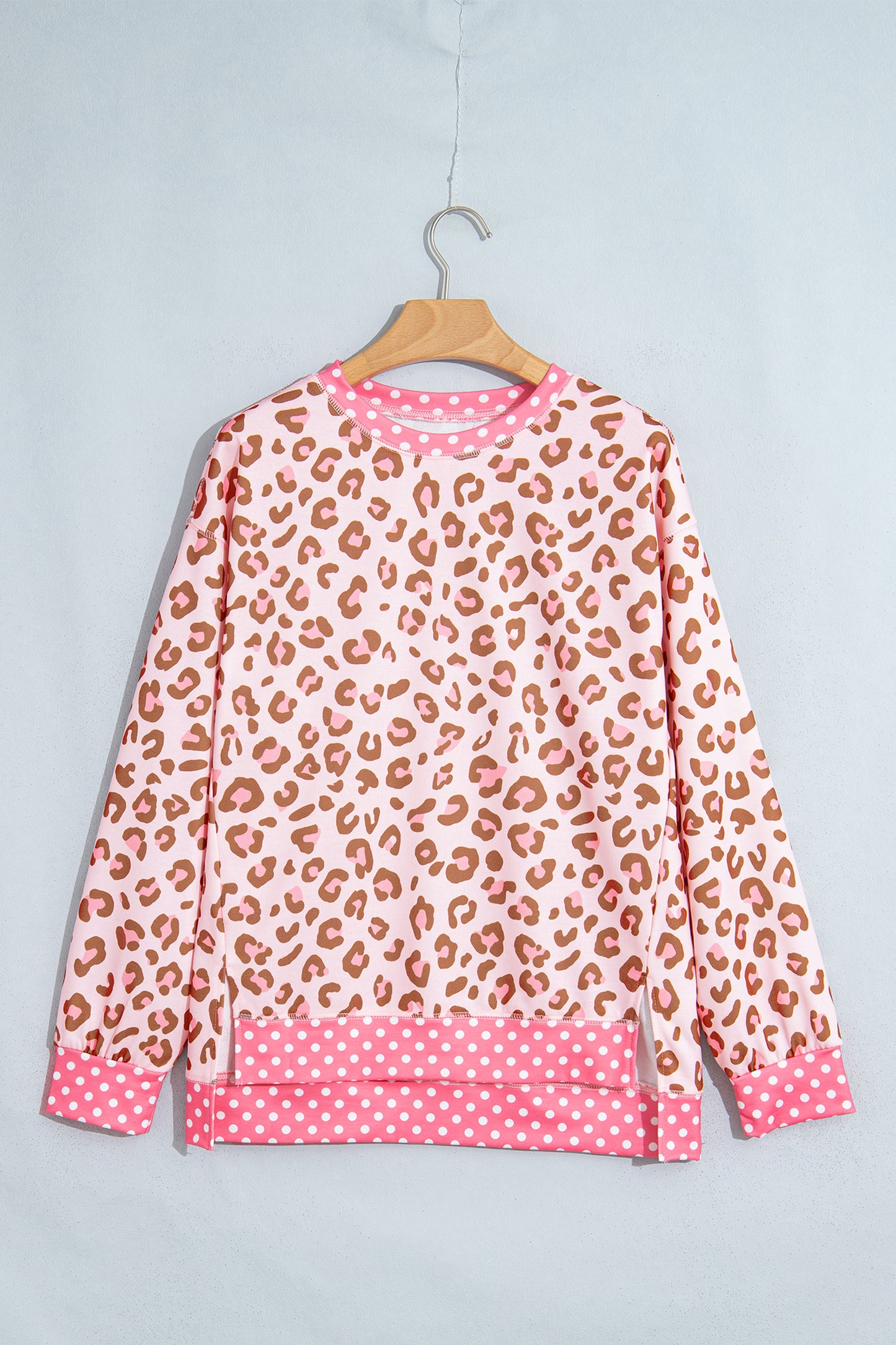 Pink Leopard Polka Dot Colorblock Trim Long Sleeve Top
