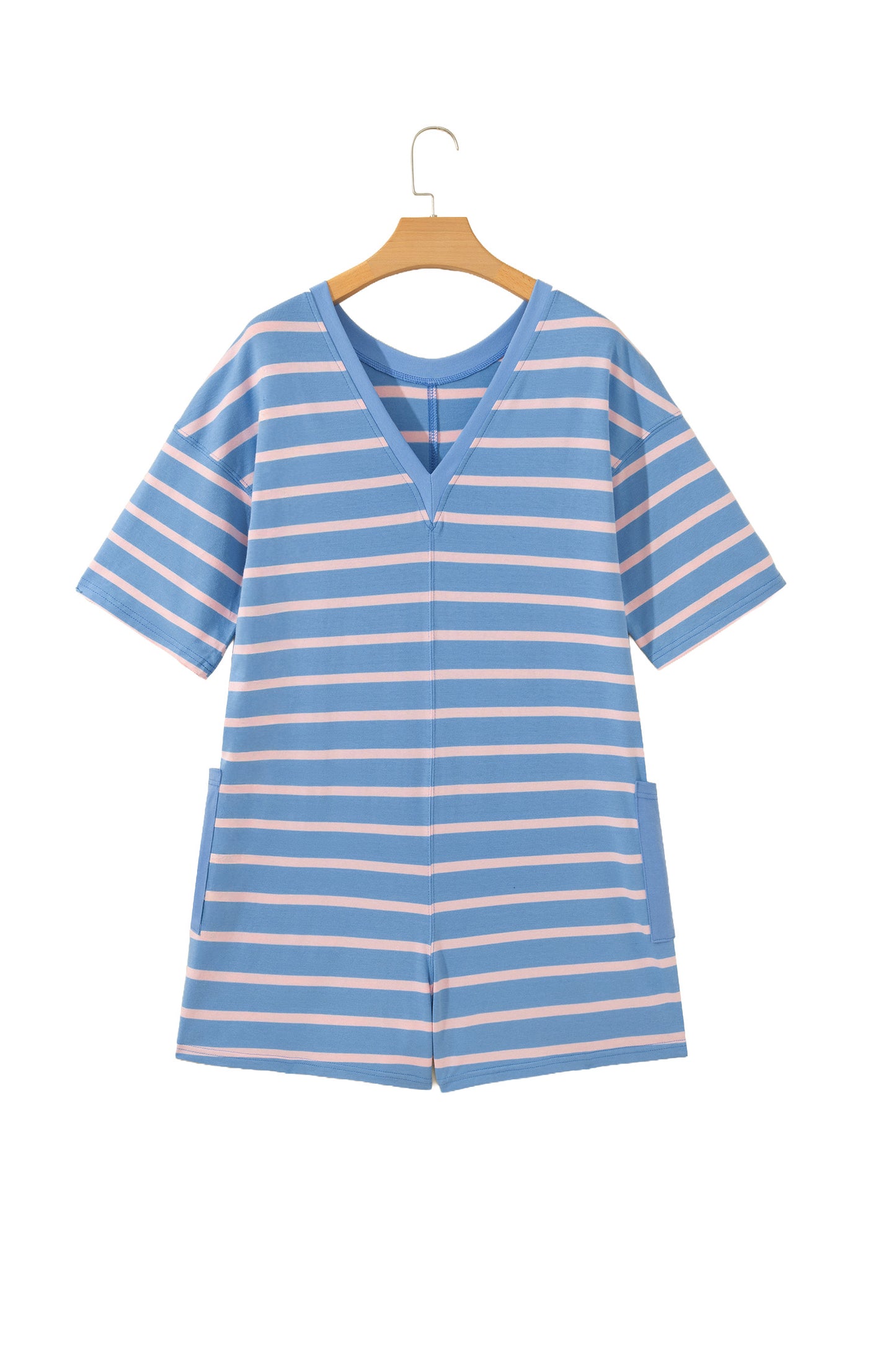 Sky Blue Stripe V Neck Short Sleeve Double Wear Loose Romper
