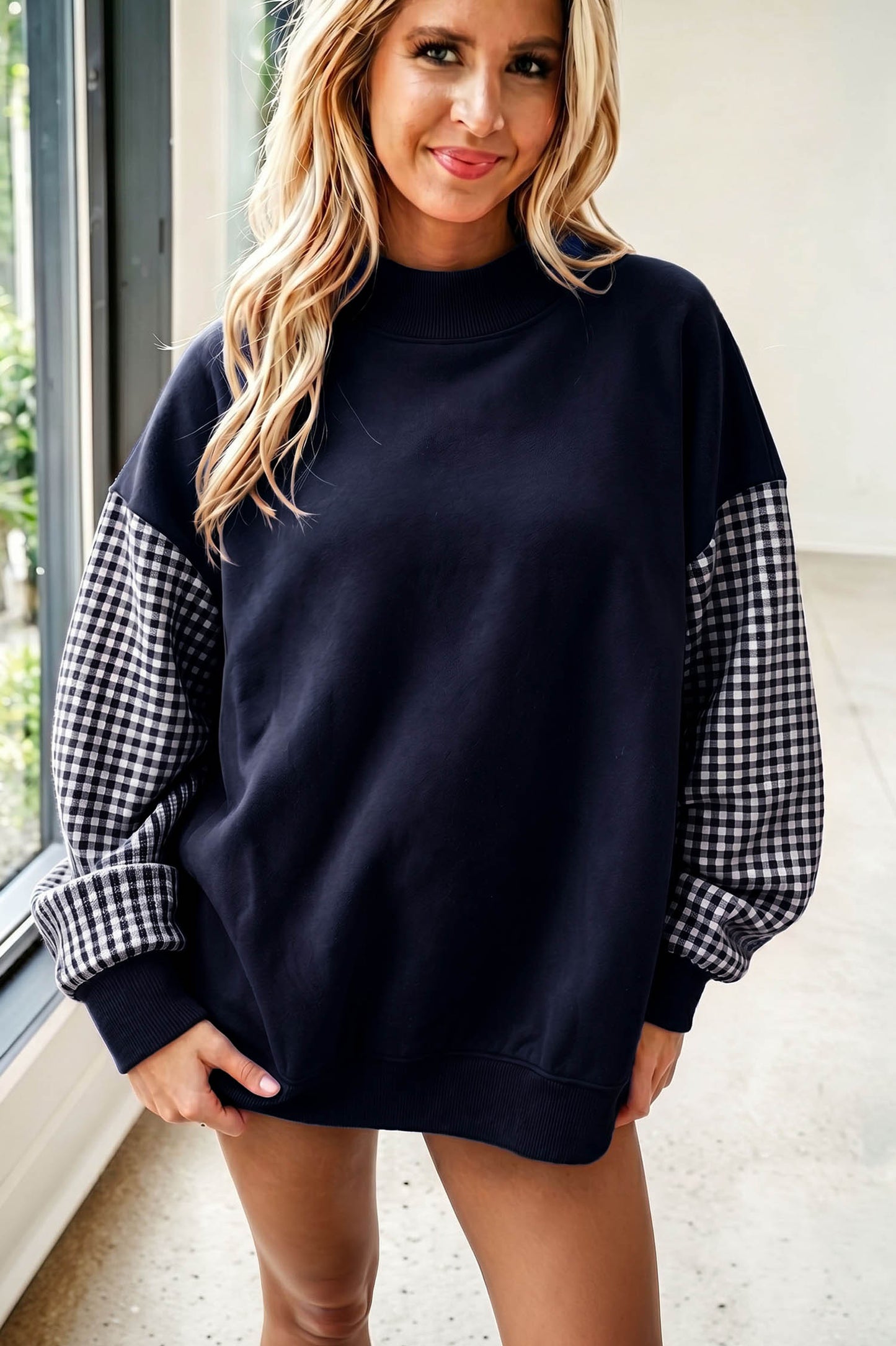 Black Plaid Sleeve Colorblock Loose Tunic Sweatshirt