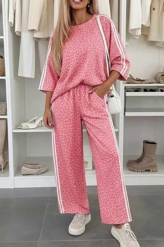 Pink Leopard Print Varsity Striped Detail 3/4 Sleeve Top Shift Pant Set