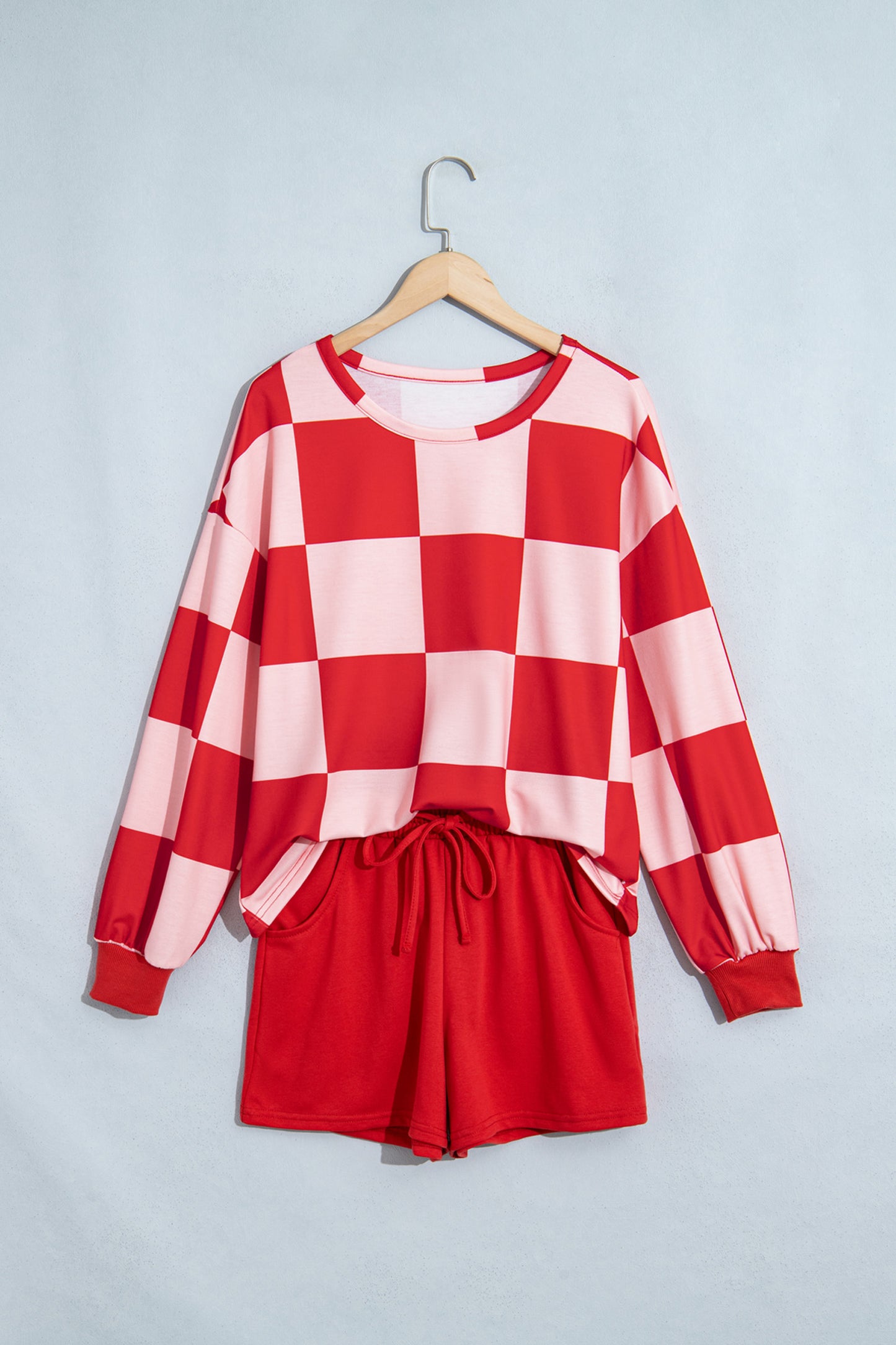 Black Checkerboard Plaid Long Sleeve Solid Color Shorts 2pcs Set