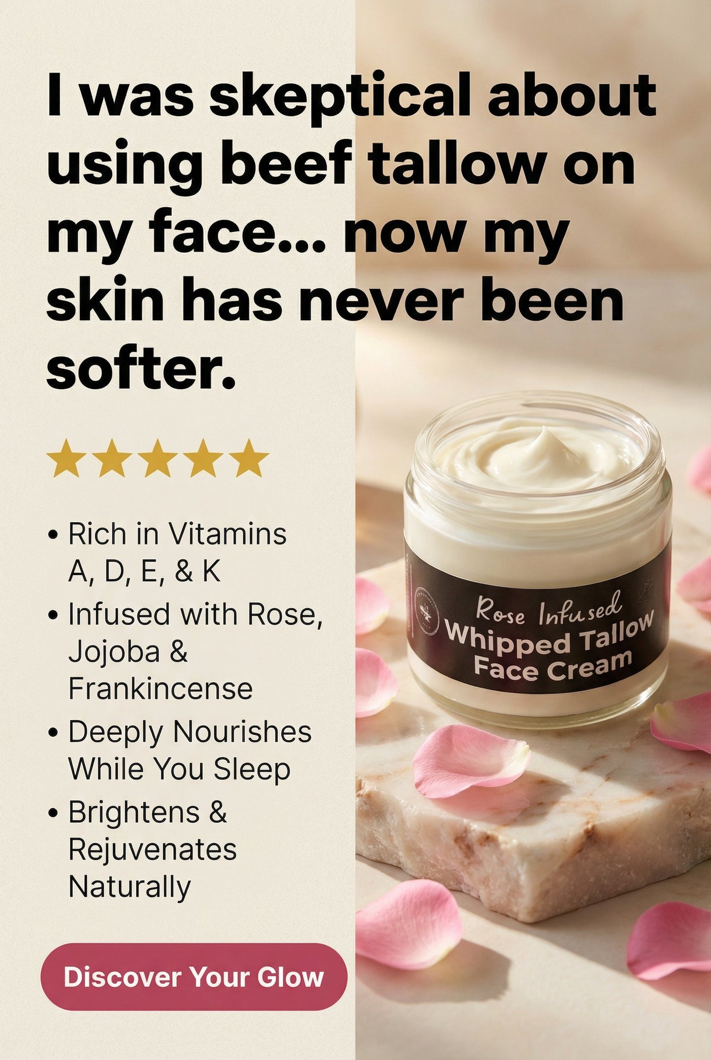 Rose Tallow Face Cream – Grass-Fed Tallow Moisturizer for Dry & Sensitive Skin