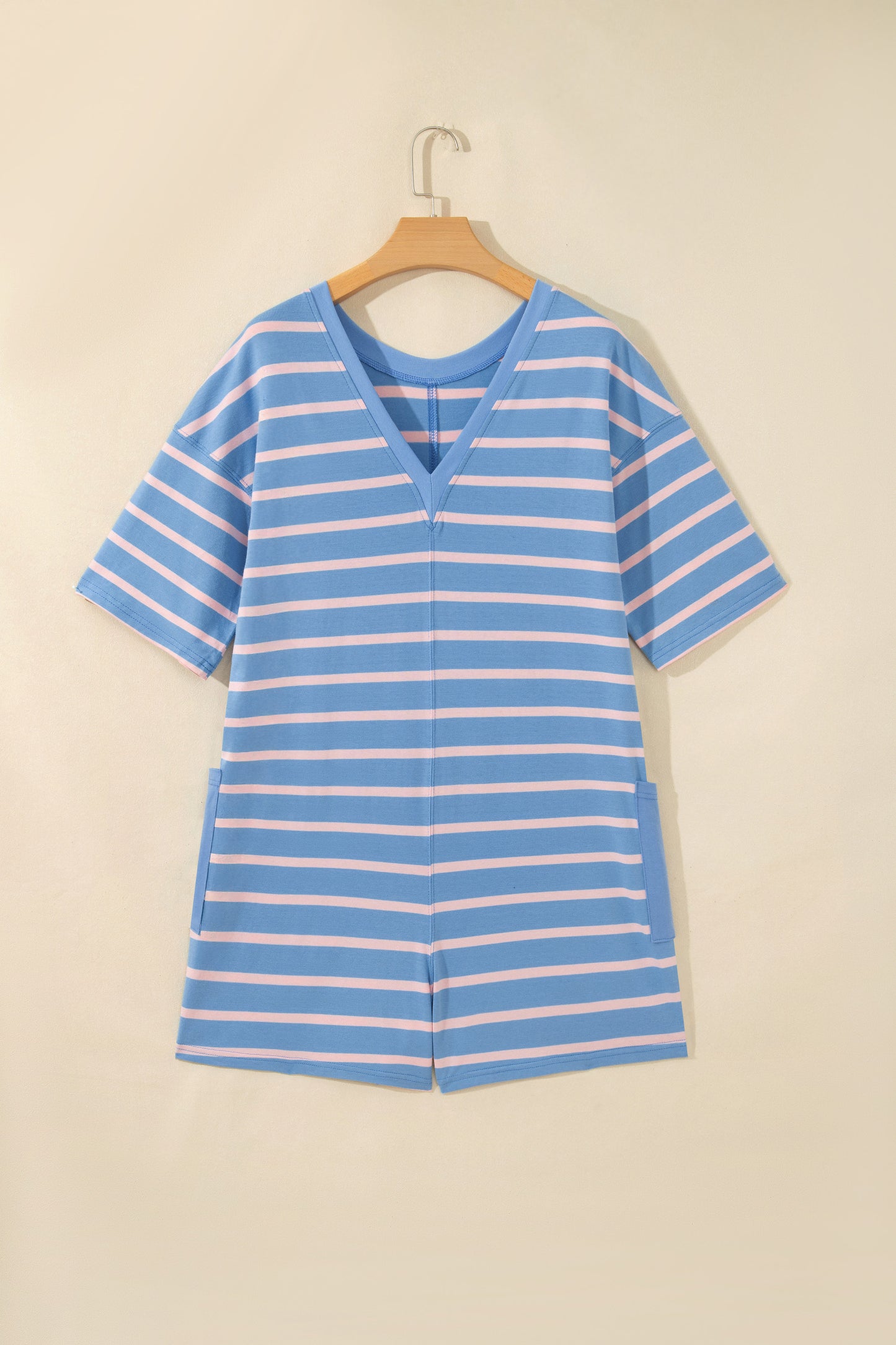 Sky Blue Stripe V Neck Short Sleeve Double Wear Loose Romper