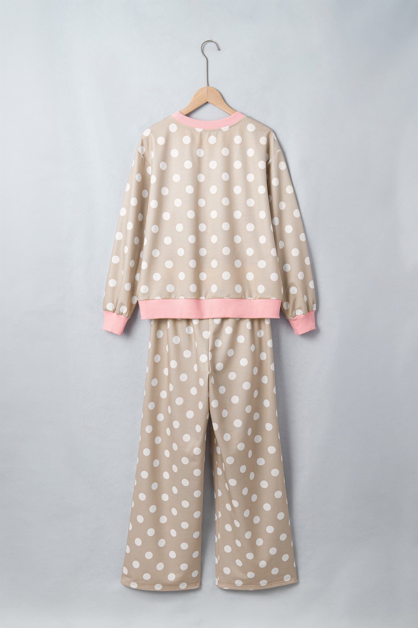 Pink Polka Dot Contrast Trim Long Sleeve Top Drawstring Shift Pants Set