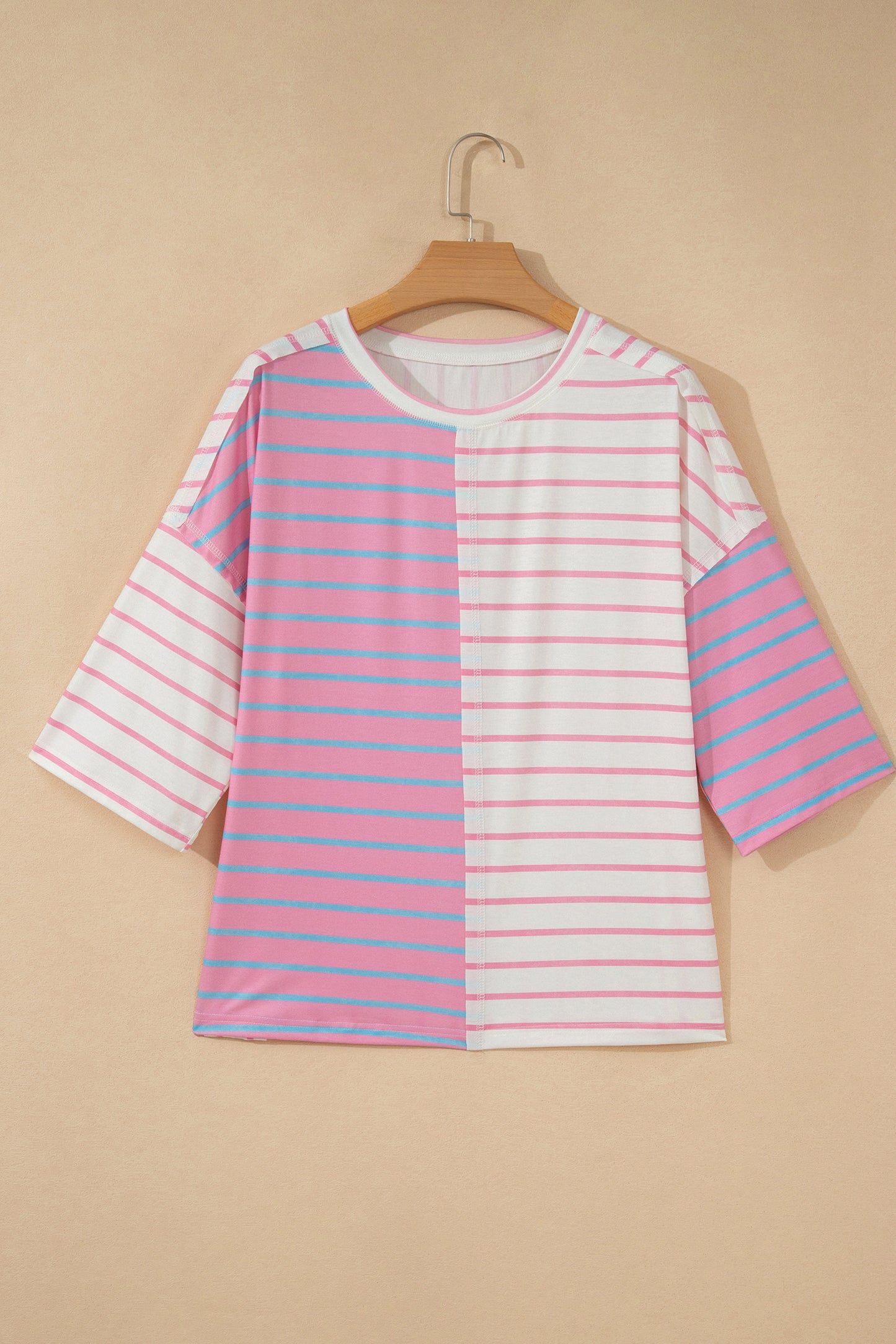 Green Stripe Colorblock 3/4 Sleeve Loose T Shirt