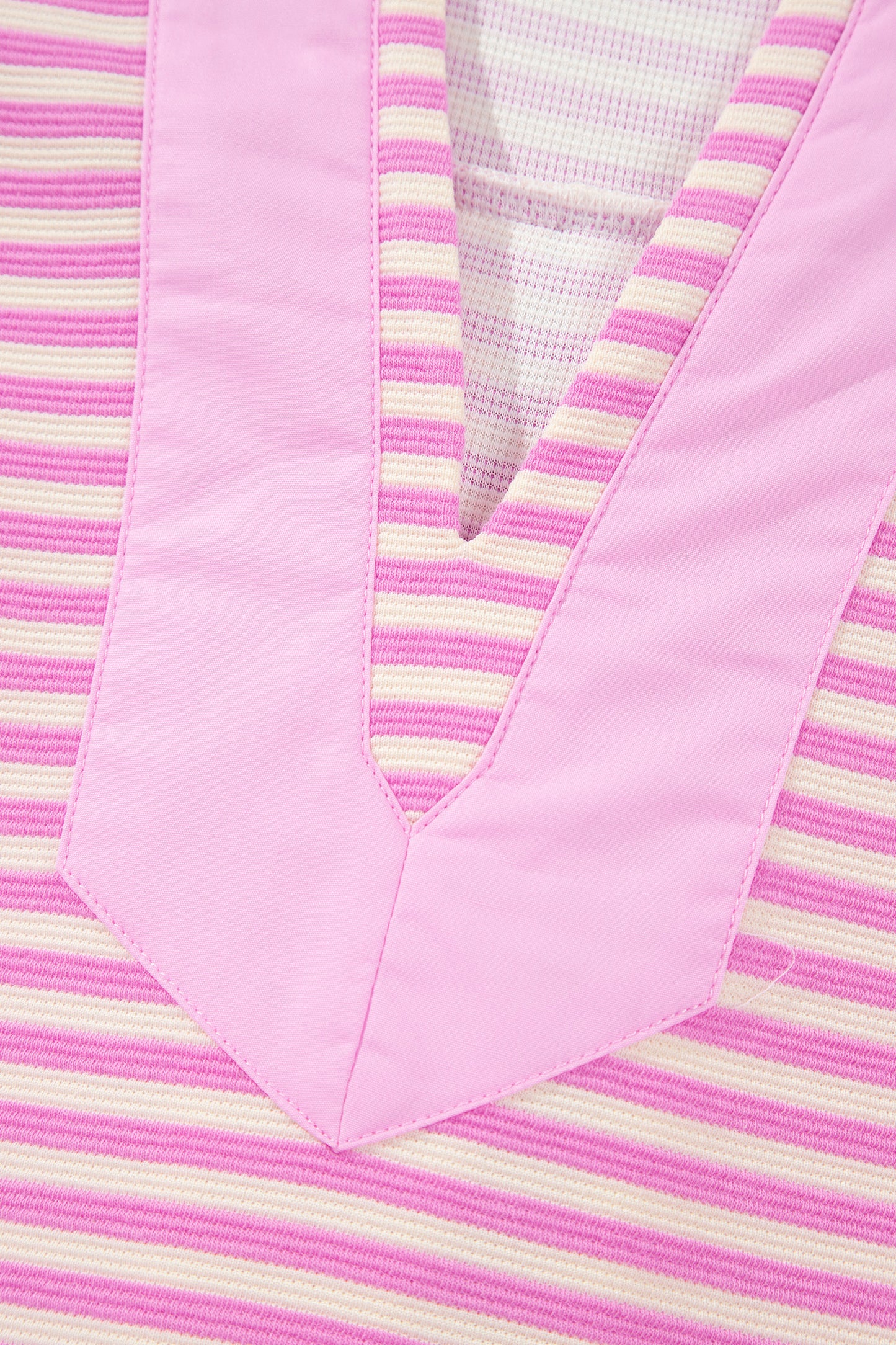 Pink Stripe Color Block Detail Split Neck Short Sleeve Blouse
