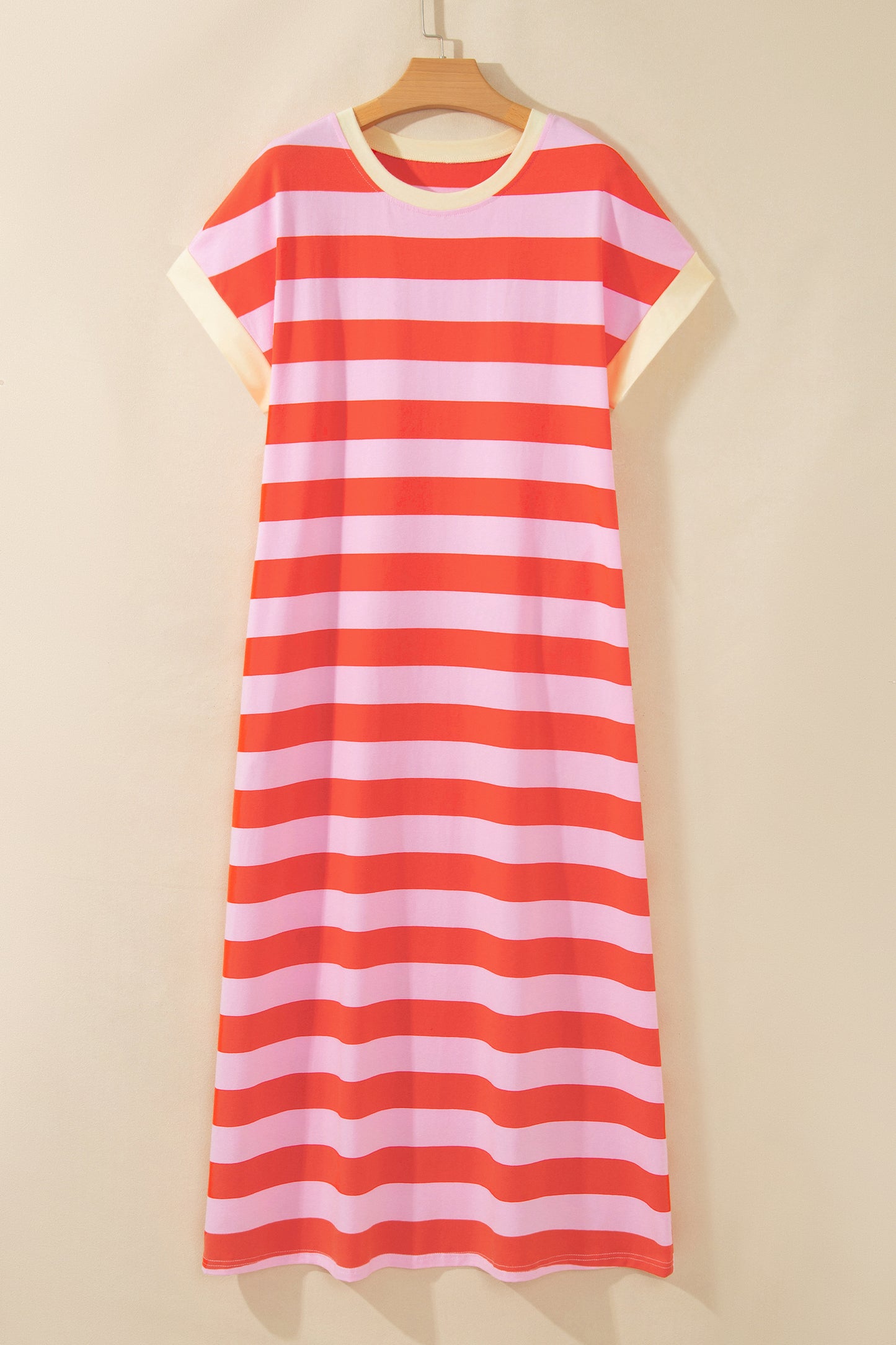 Rose Stripe Cuffed Short Sleeve Pocketed Casual T Shirt Long Dress