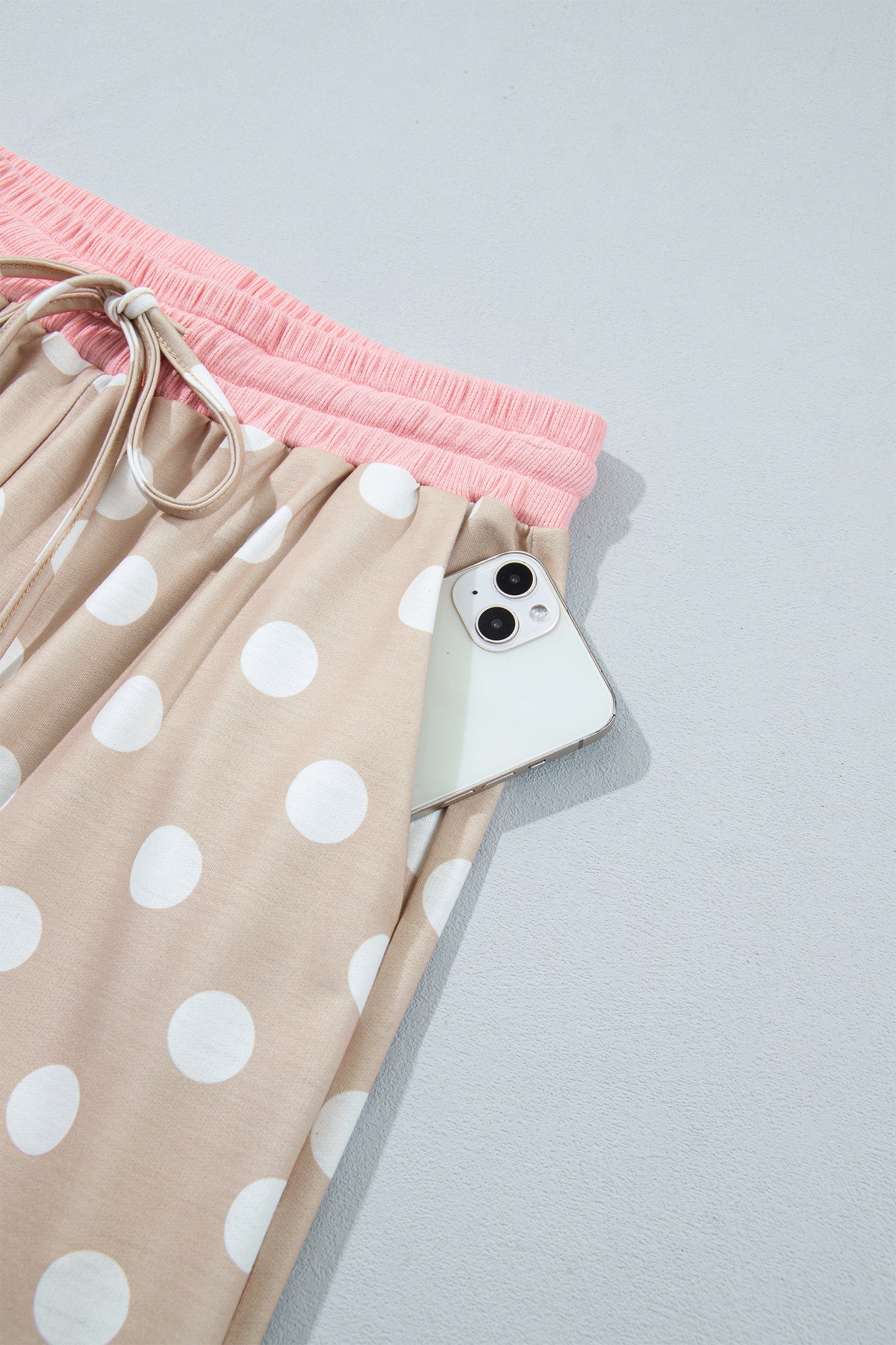 Pink Polka Dot Contrast Trim Long Sleeve Top Drawstring Shift Pants Set