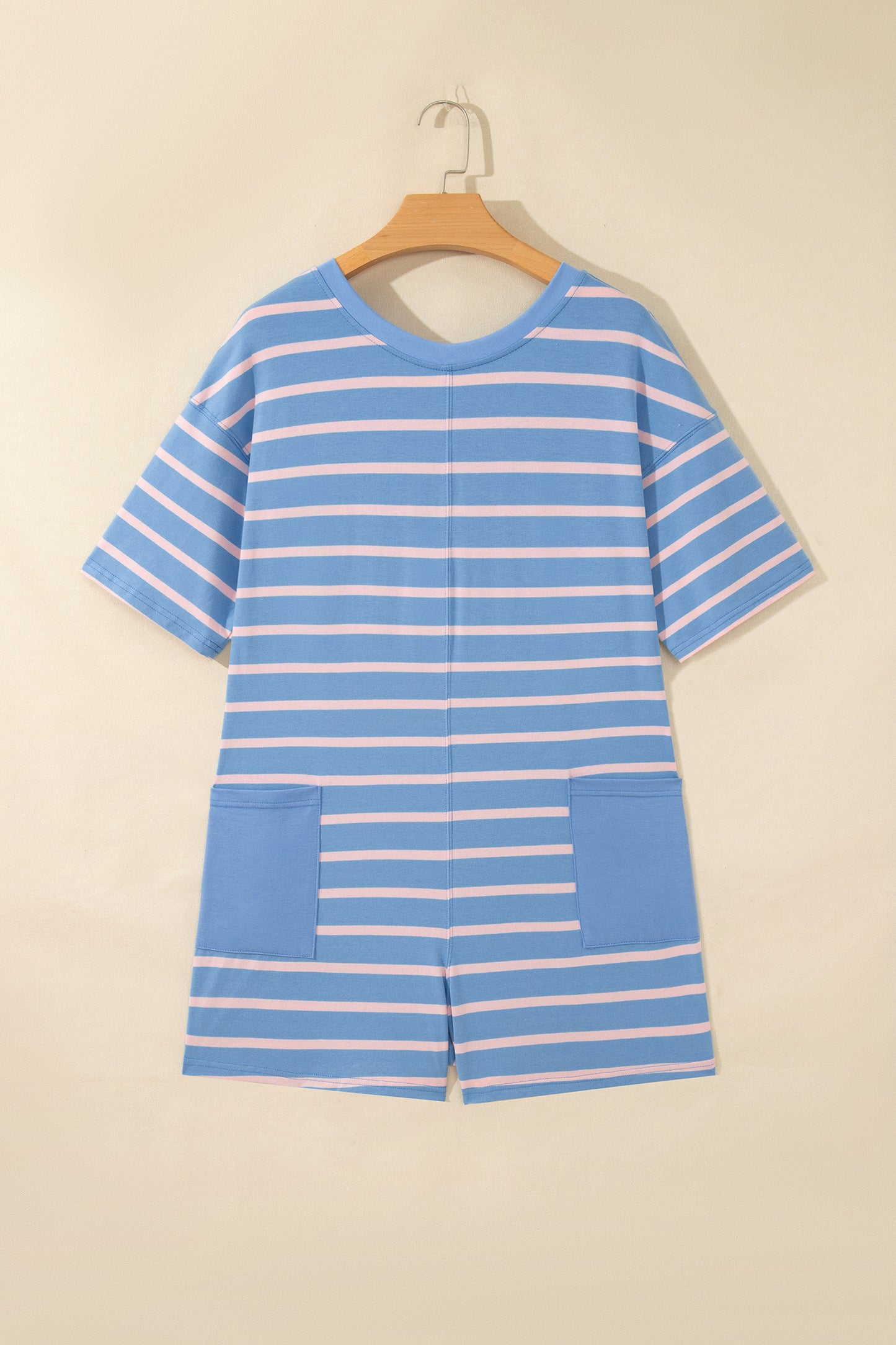 Sky Blue Stripe V Neck Short Sleeve Double Wear Loose Romper