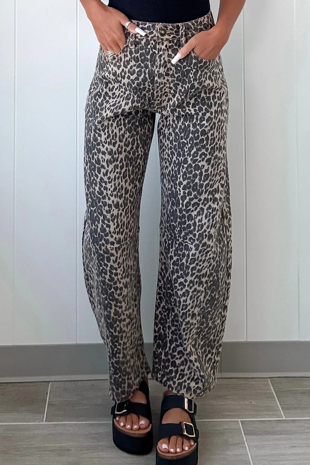 Black Leopard Print High Waist Barrel Jeans