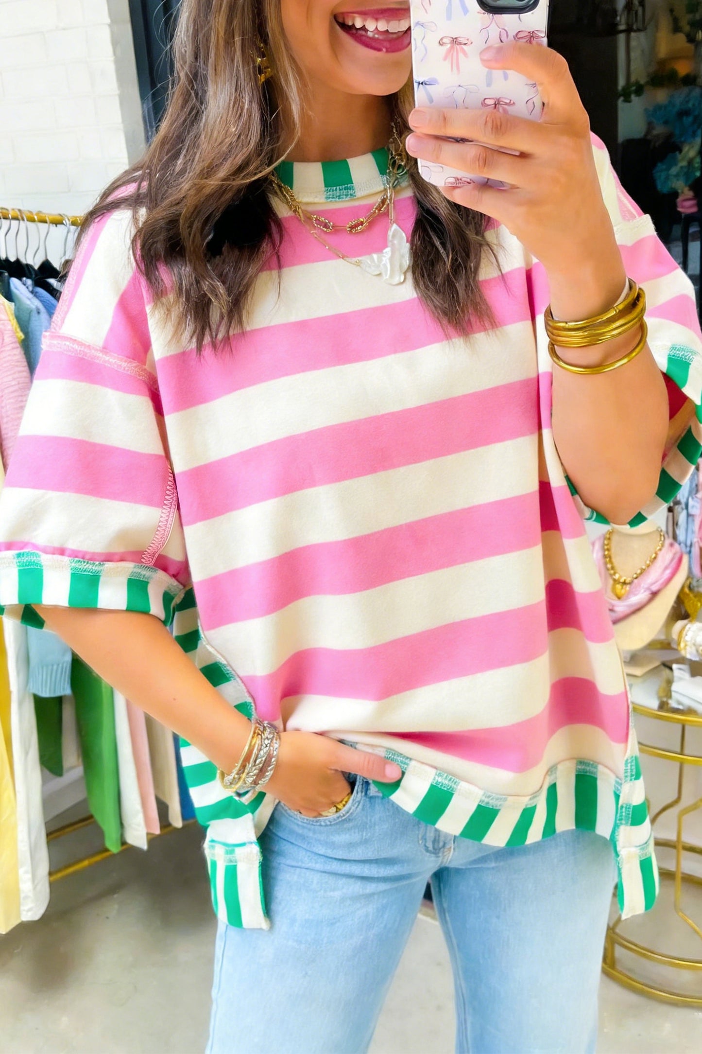 Yellow Stripe Exposed Seam Contrast Patchwork Oversized Top